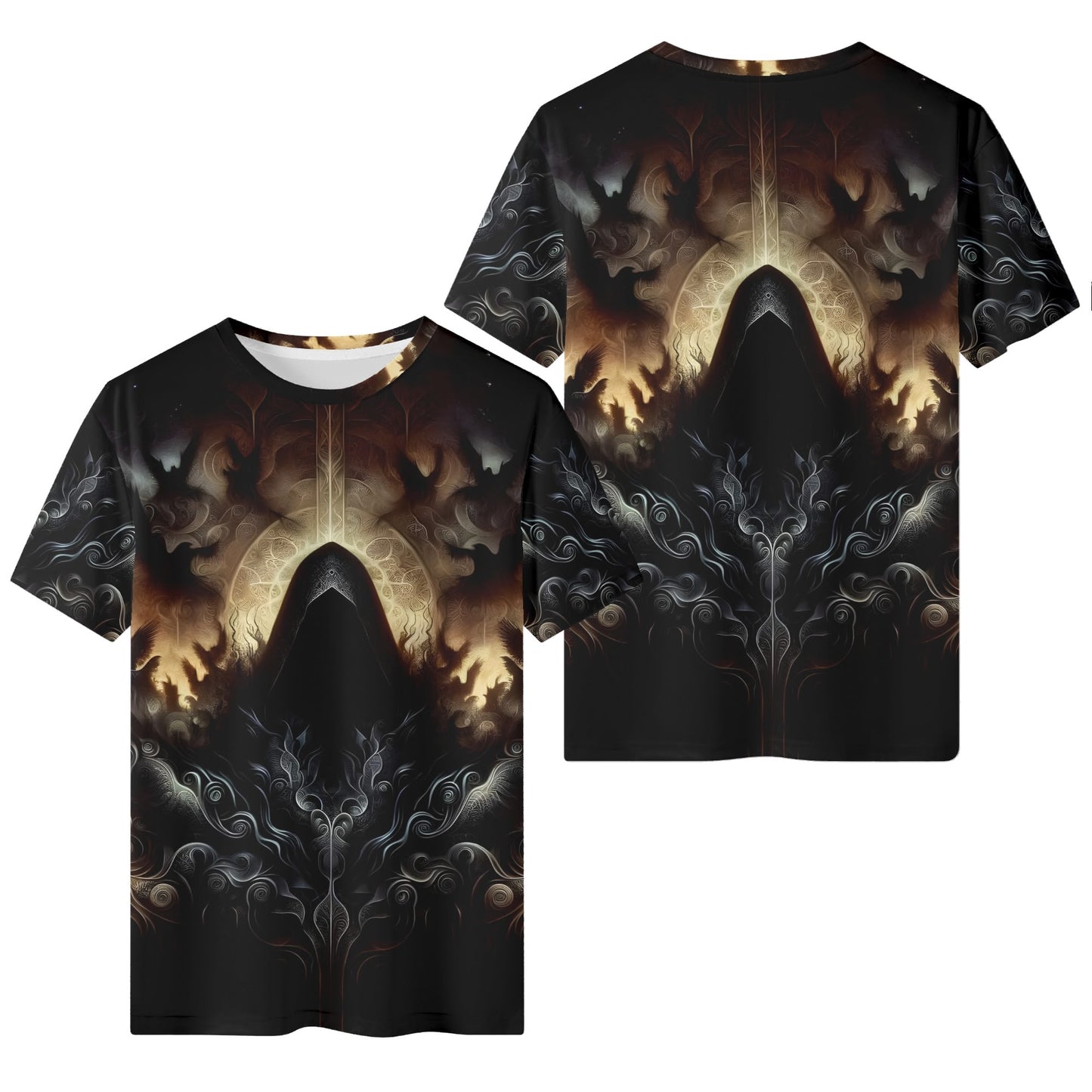 The Omen Bearer Lycra T-Shirt by Loud and Lethal featuring dark mystical hooded figure design on black unisex tee