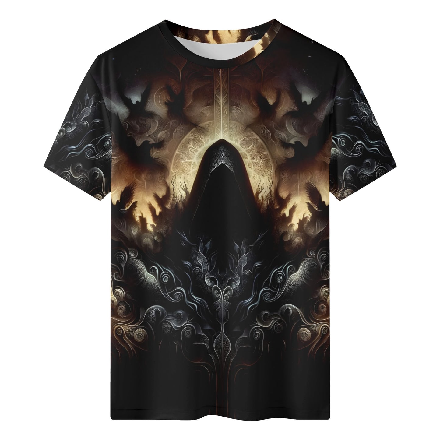 The Omen Bearer Lycra T-Shirt by Loud and Lethal with dark mystical hooded figure design