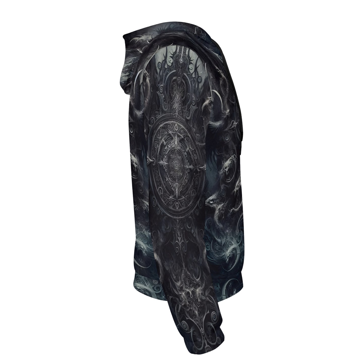Side view of The Ornate Prophecy Cotton Terry hoodie by Loud and Lethal with dark intricate mystical design