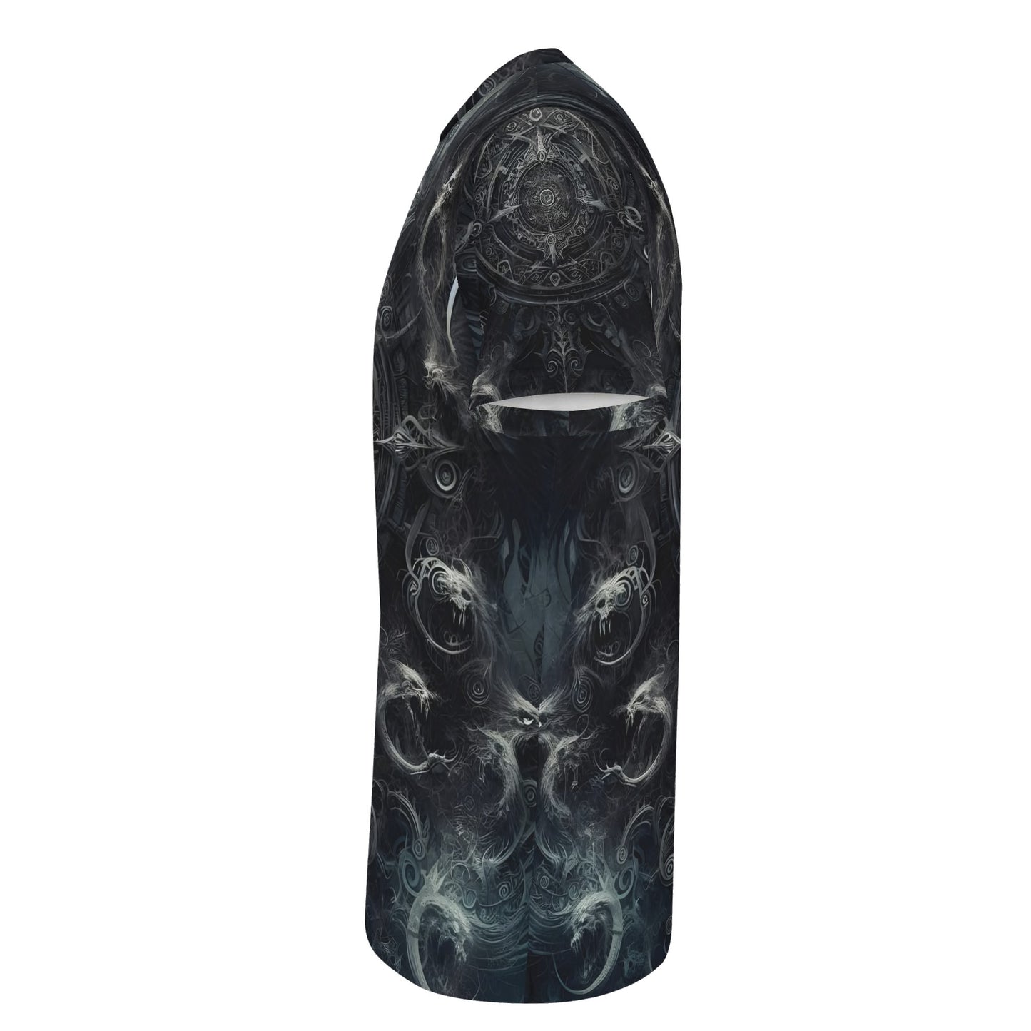 Side view of The Ornate Prophecy Lycra T-Shirt by Loud and Lethal with dark intricate mystic design