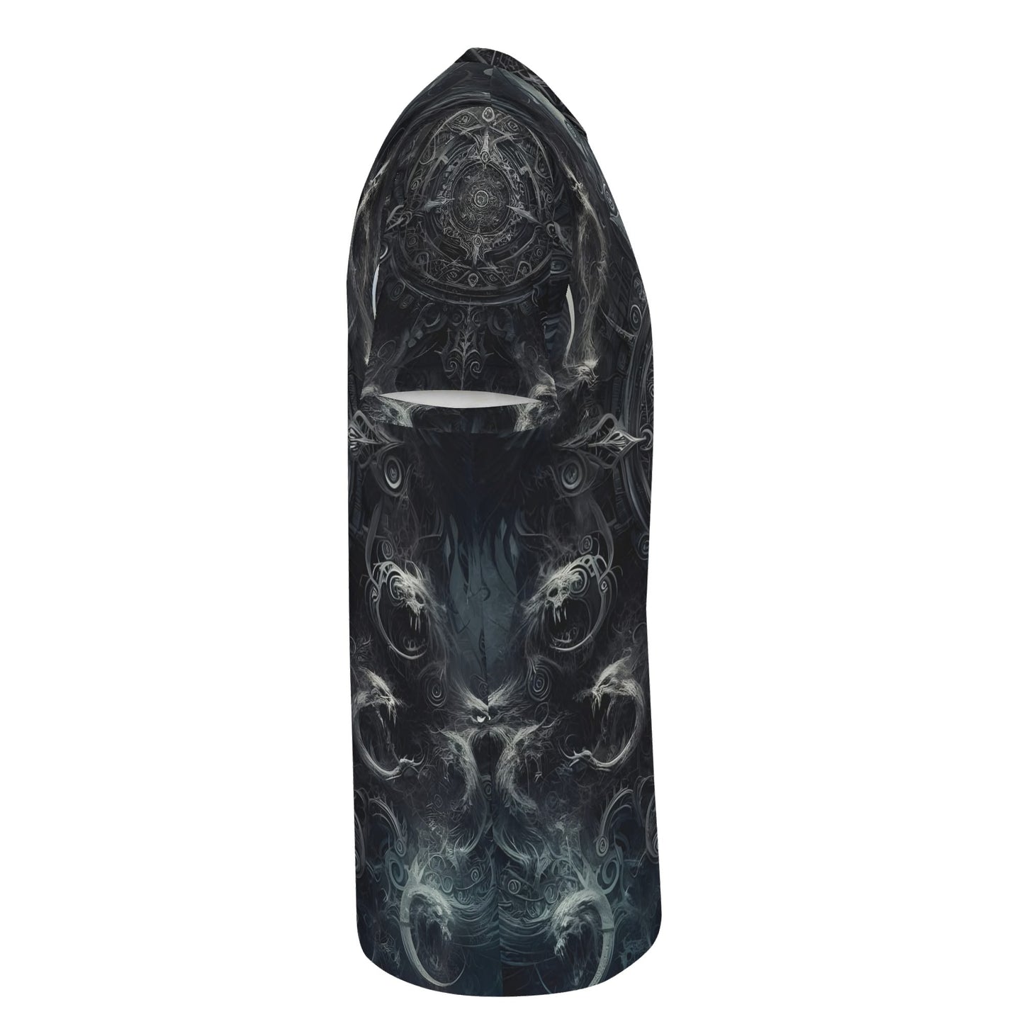 Side view of The Ornate Prophecy Lycra T-Shirt by Loud and Lethal with dark intricate mystical design