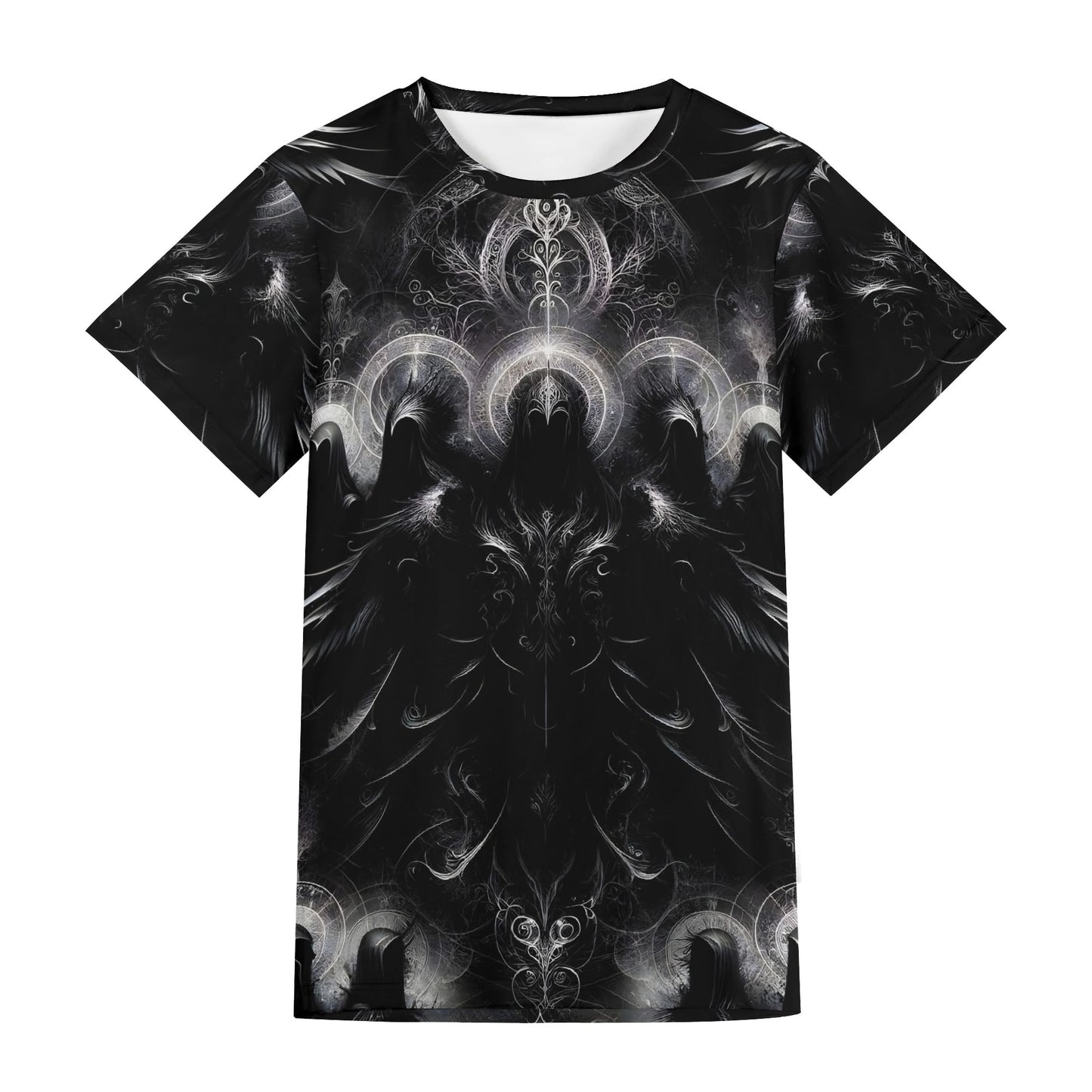 Black unisex T-shirt with intricate dark mystical design by Loud and Lethal The Sacred Eclipse Lycra T-Shirt