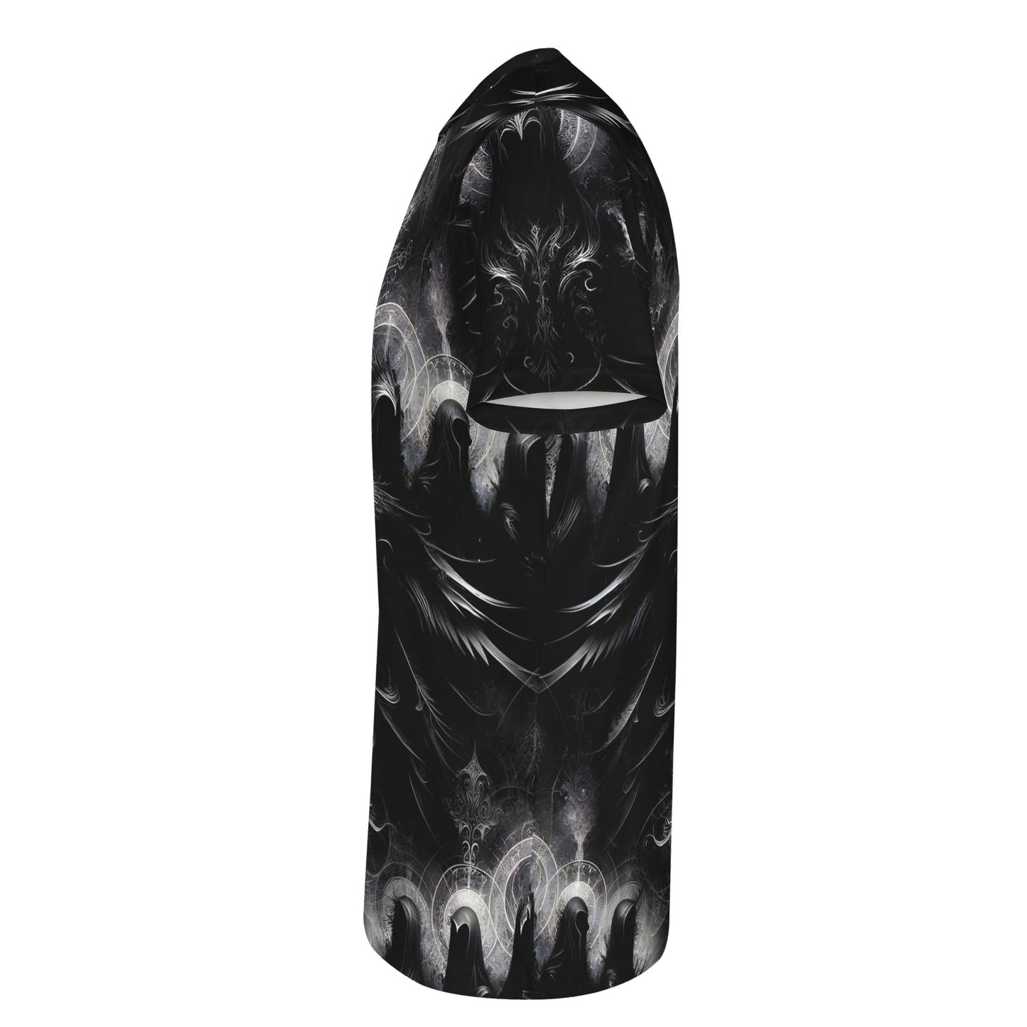 Side view of Loud and Lethal The Sacred Eclipse Lycra T-Shirt with black and gray abstract design