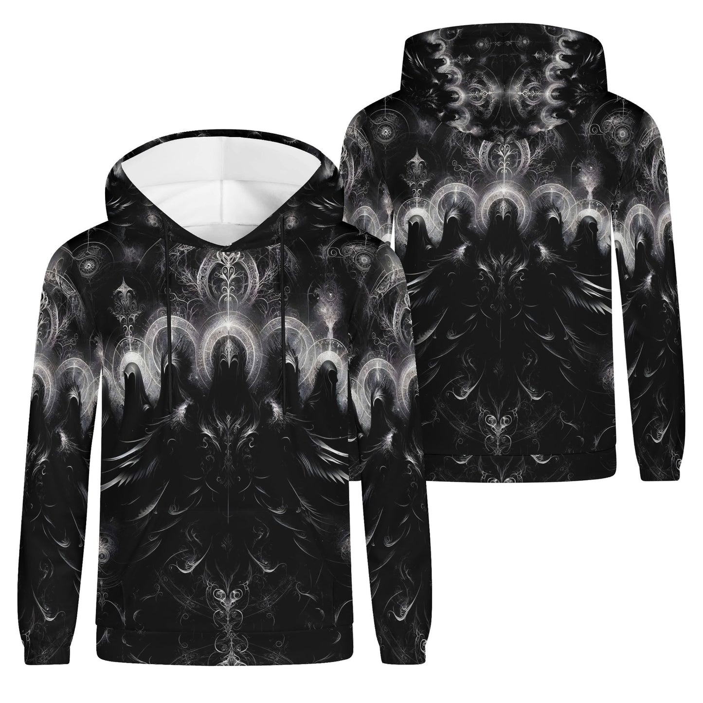 The Sacred Eclipse Poly French Terry hoodie unisex black with intricate abstract celestial design by Loud and Lethal