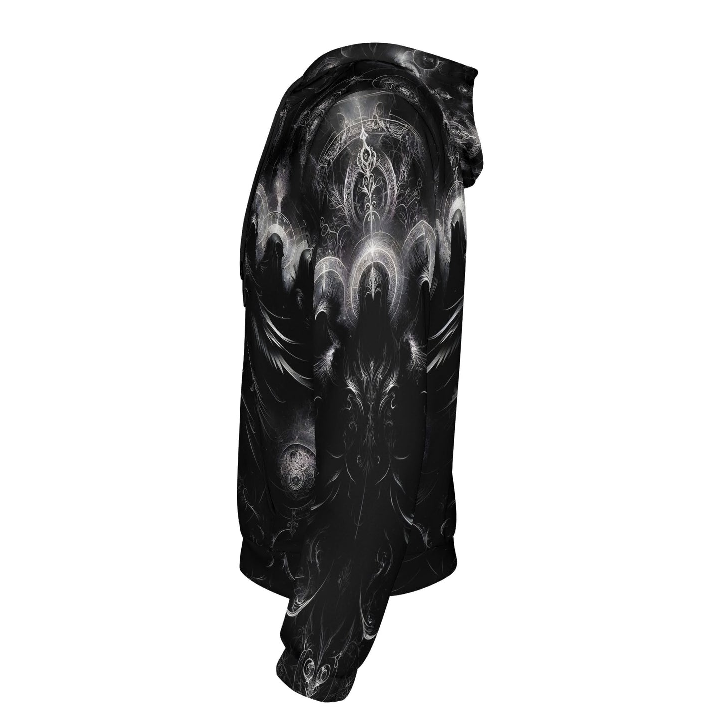 Side view of The Sacred Eclipse Poly French Terry hoodie by Loud and Lethal with dark mystical design