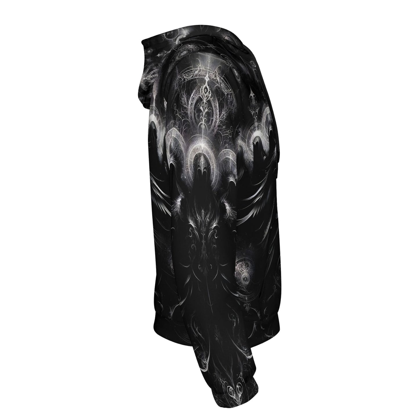 Side view of The Sacred Eclipse Poly French Terry hoodie by Loud and Lethal with black and white intricate design