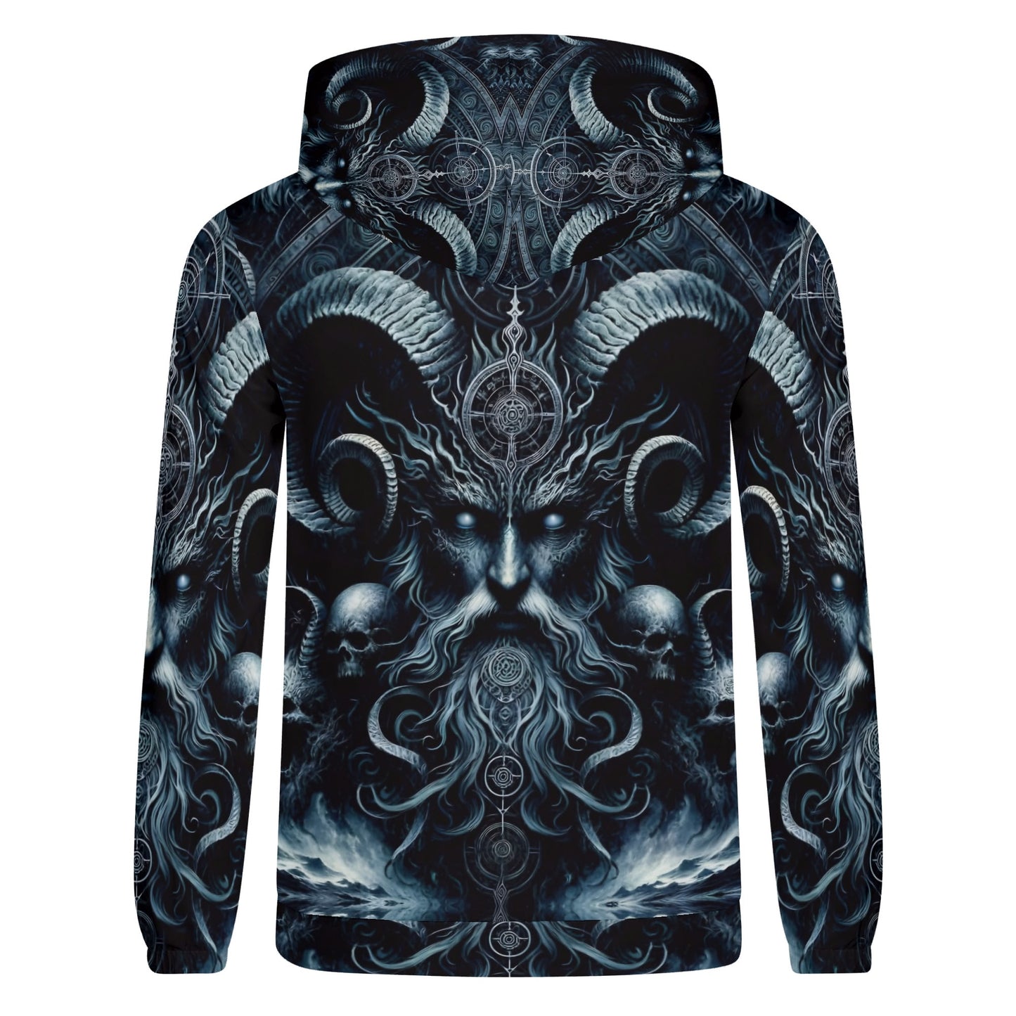 The Seas Dark Sentinel Cotton Terry Hoodie by Loud and Lethal with dark mythical ram skull design