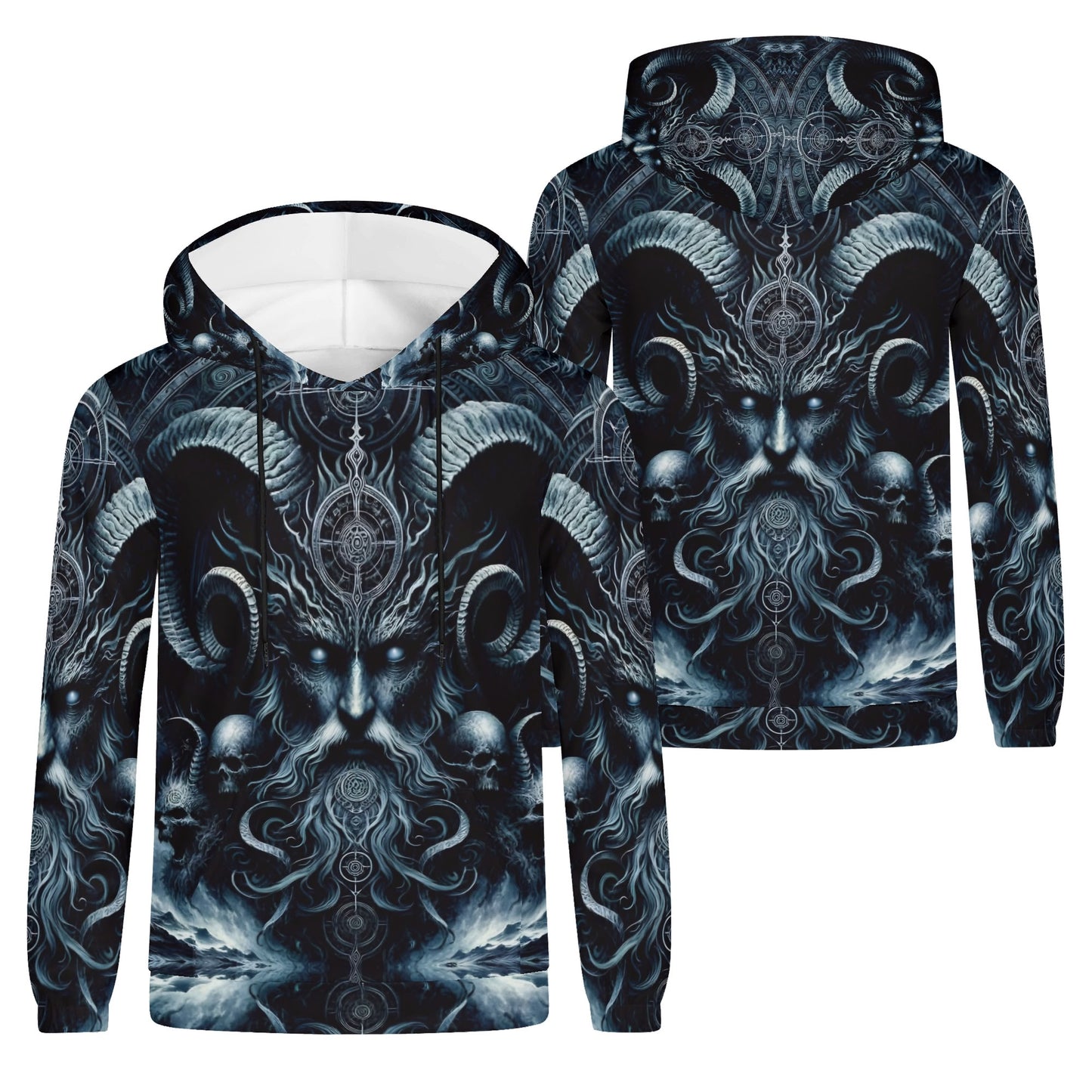 The Seas Dark Sentinel Cotton Terry Hoodie by Loud and Lethal with dark intricate mystical design and ram horns
