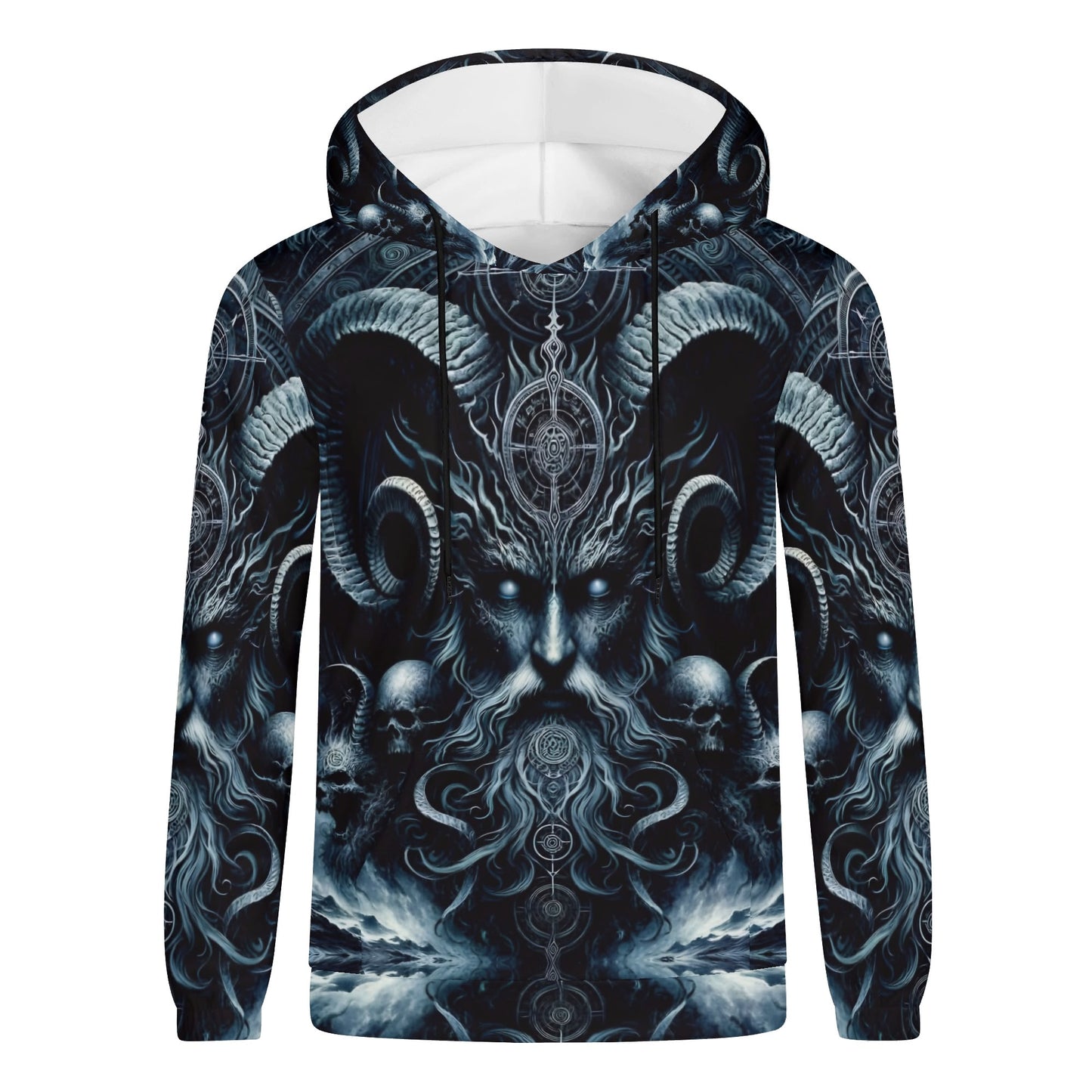 The Seas Dark Sentinel Cotton Terry Hoodie featuring dark mystical ram horn design by Loud and Lethal