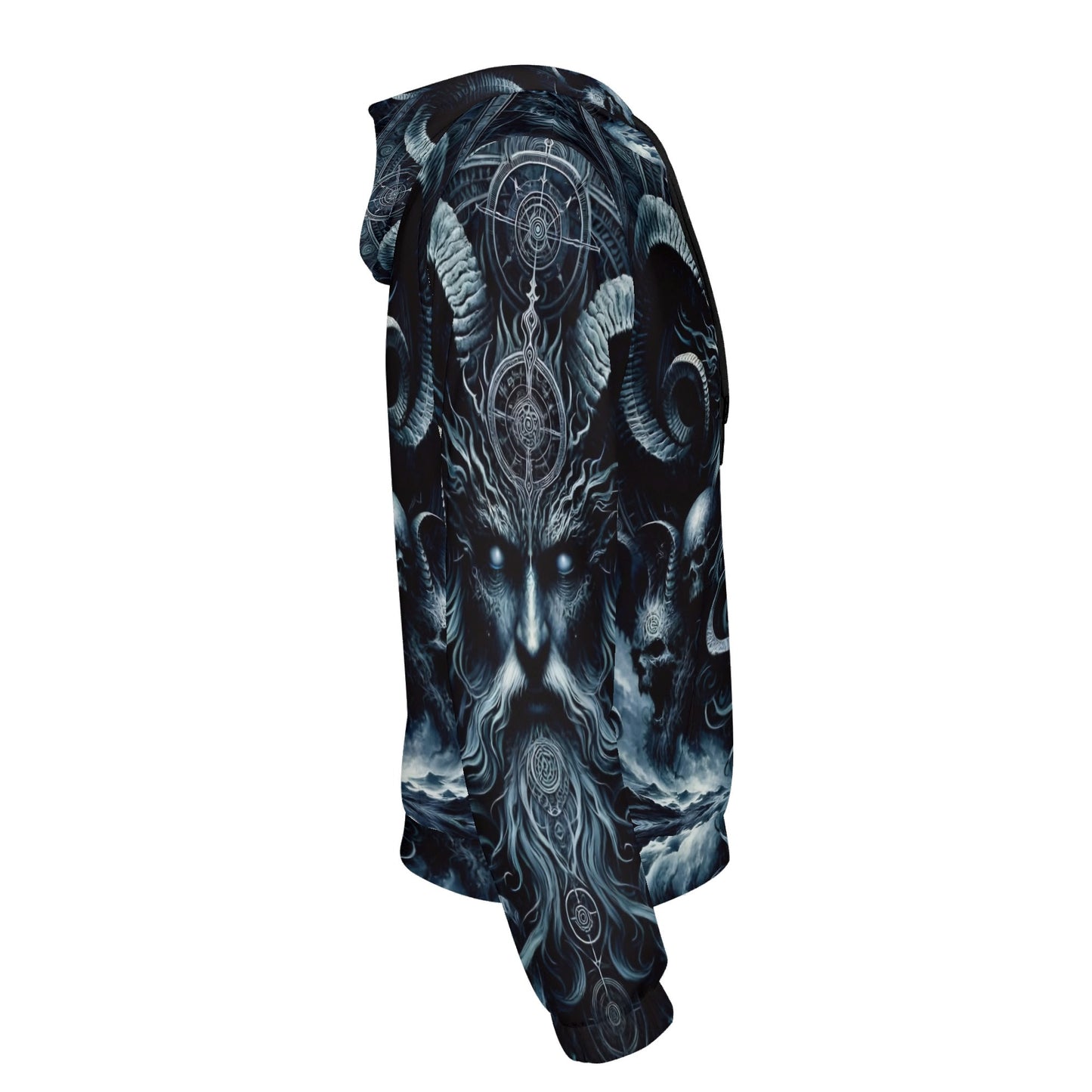 Side view of The Seas Dark Sentinel Cotton Terry Hoodie by Loud and Lethal featuring dark mythical sea creature design