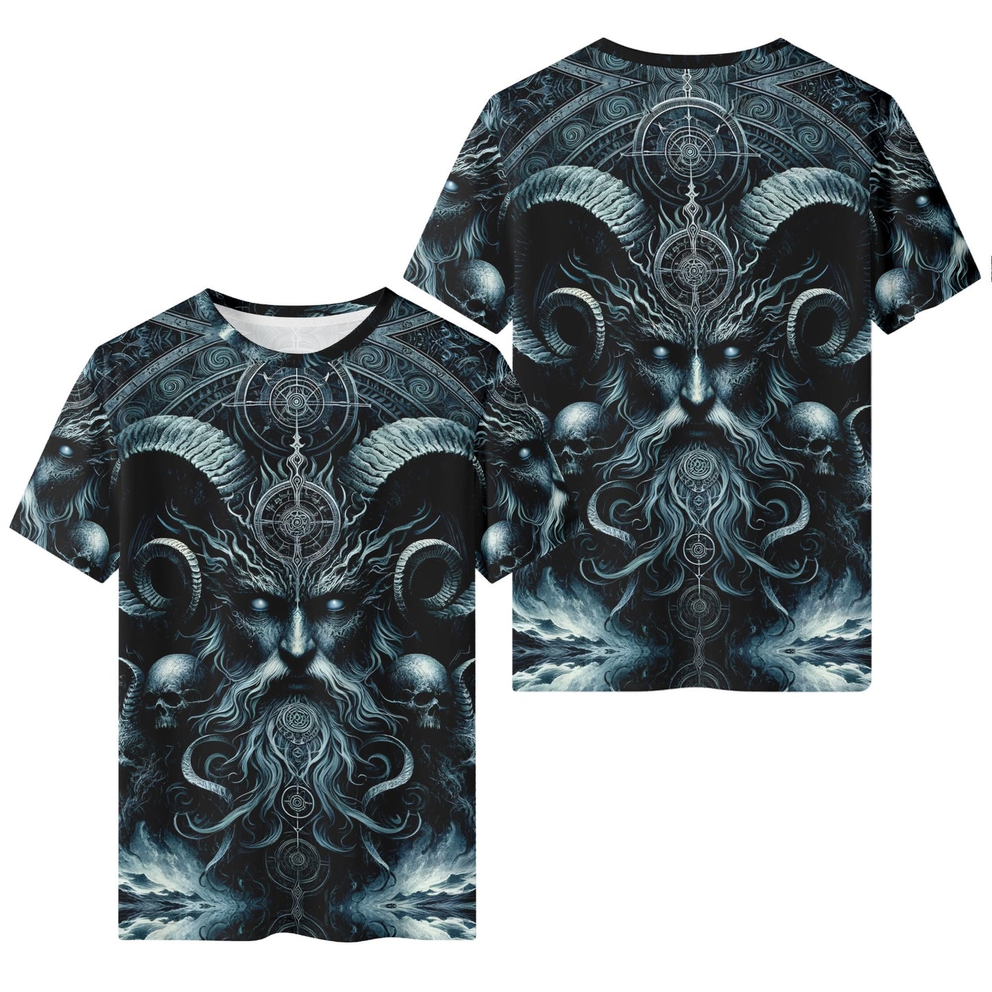 The Seas Dark Sentinel Lycra T-Shirt by Loud and Lethal featuring dark mythical horned figure design on front and back