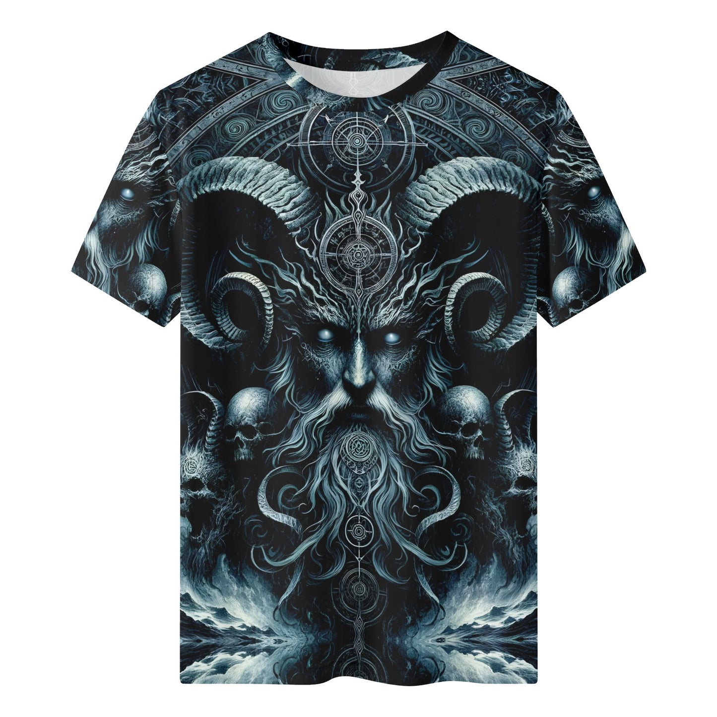 The Seas Dark Sentinel Lycra T-Shirt by Loud and Lethal featuring a dark fantasy ram skull design
