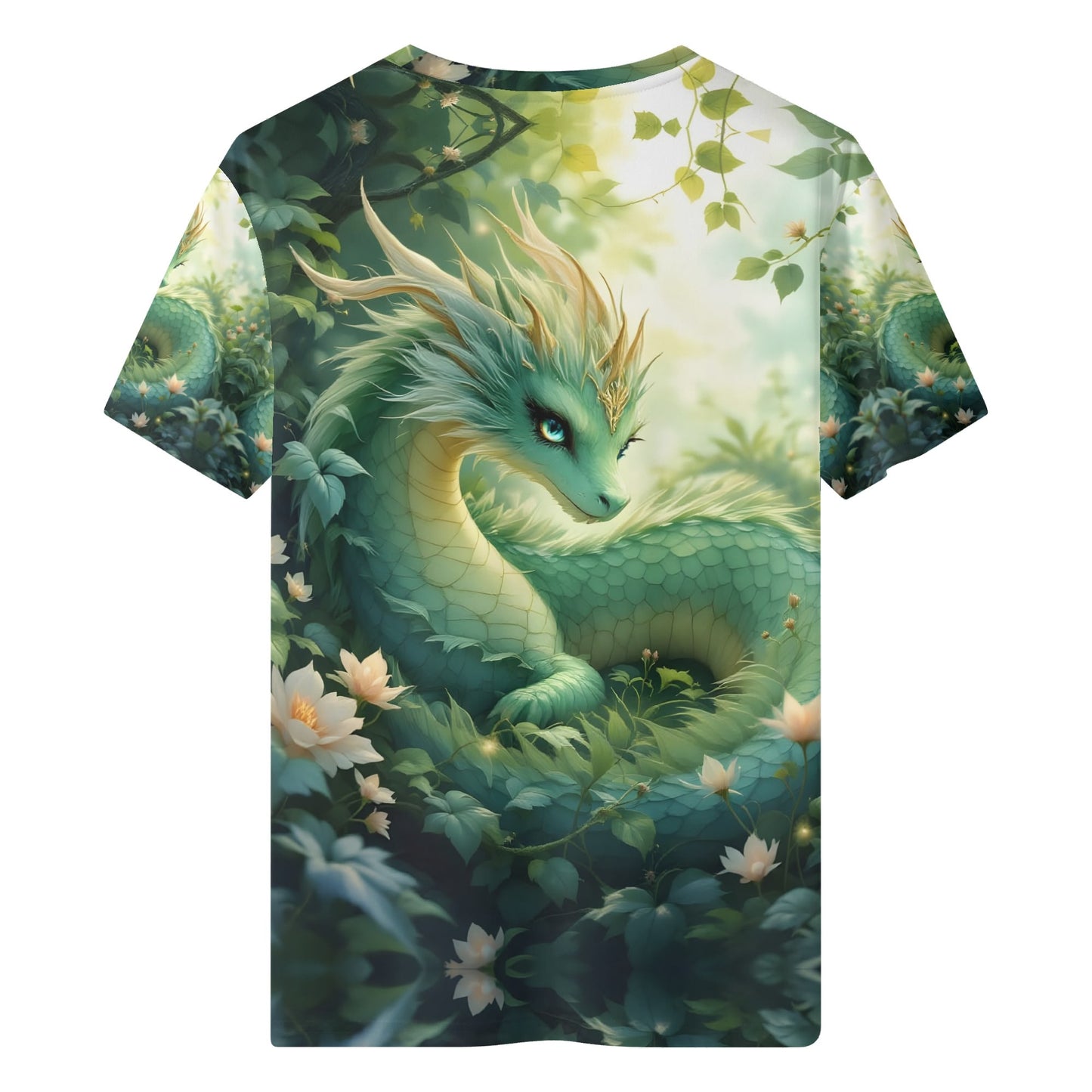 The Serene Dragons Rest Organic Cotton Kids T-Shirt featuring a detailed green dragon in a lush forest setting
