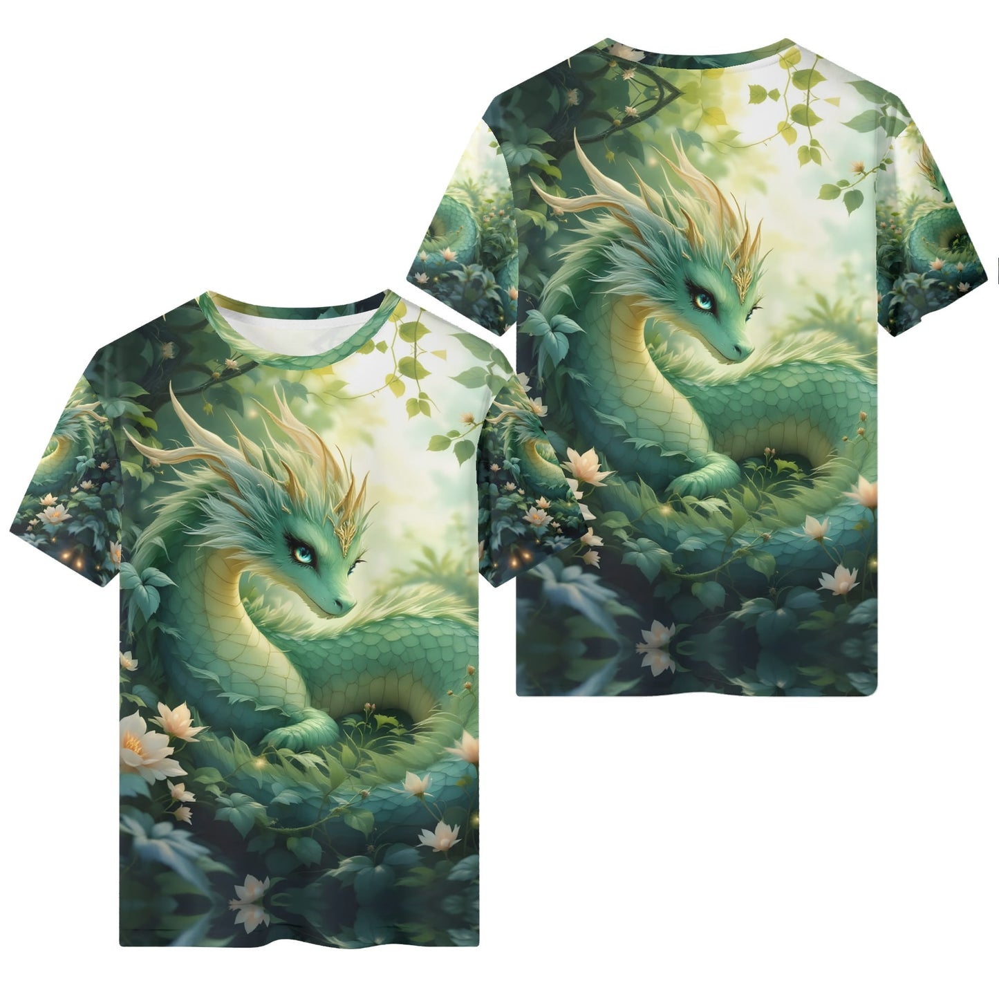 The Serene Dragons Rest Organic Cotton Kids T-Shirt featuring a detailed green dragon design in a forest setting by Loud and Lethal