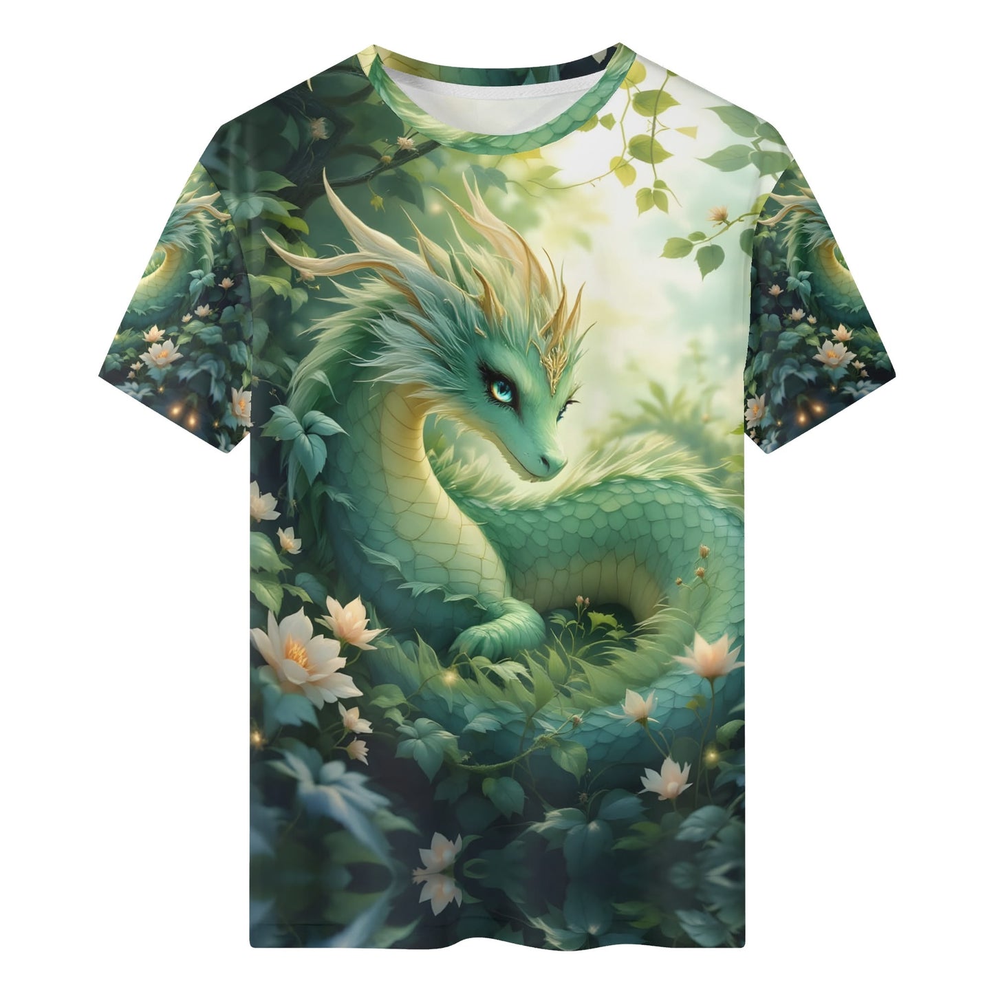 The Serene Dragons Rest Organic Cotton Kids T-Shirt with green dragon and floral forest design