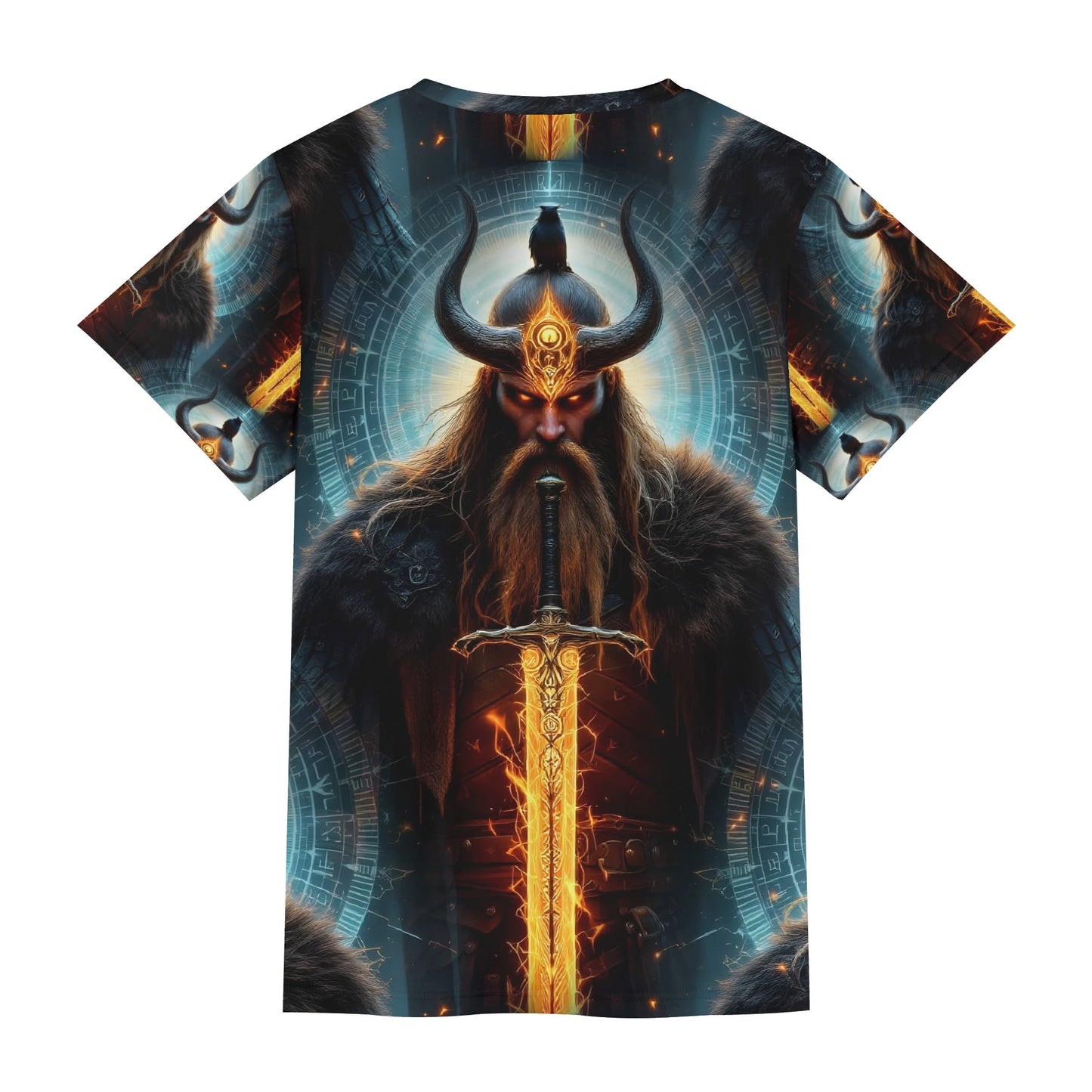The Vikings Omen Lycra T-Shirt featuring a fierce Viking warrior with glowing sword and horned helmet
