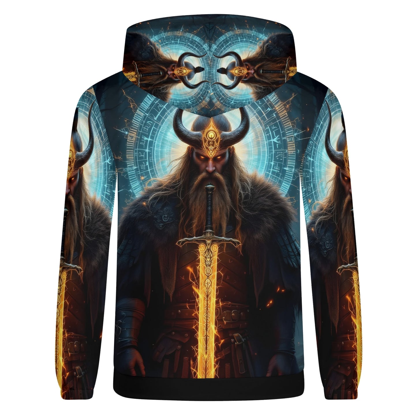 The Vikings Omen Poly French Terry hoodie featuring a fierce Viking warrior with glowing sword and horned helmet