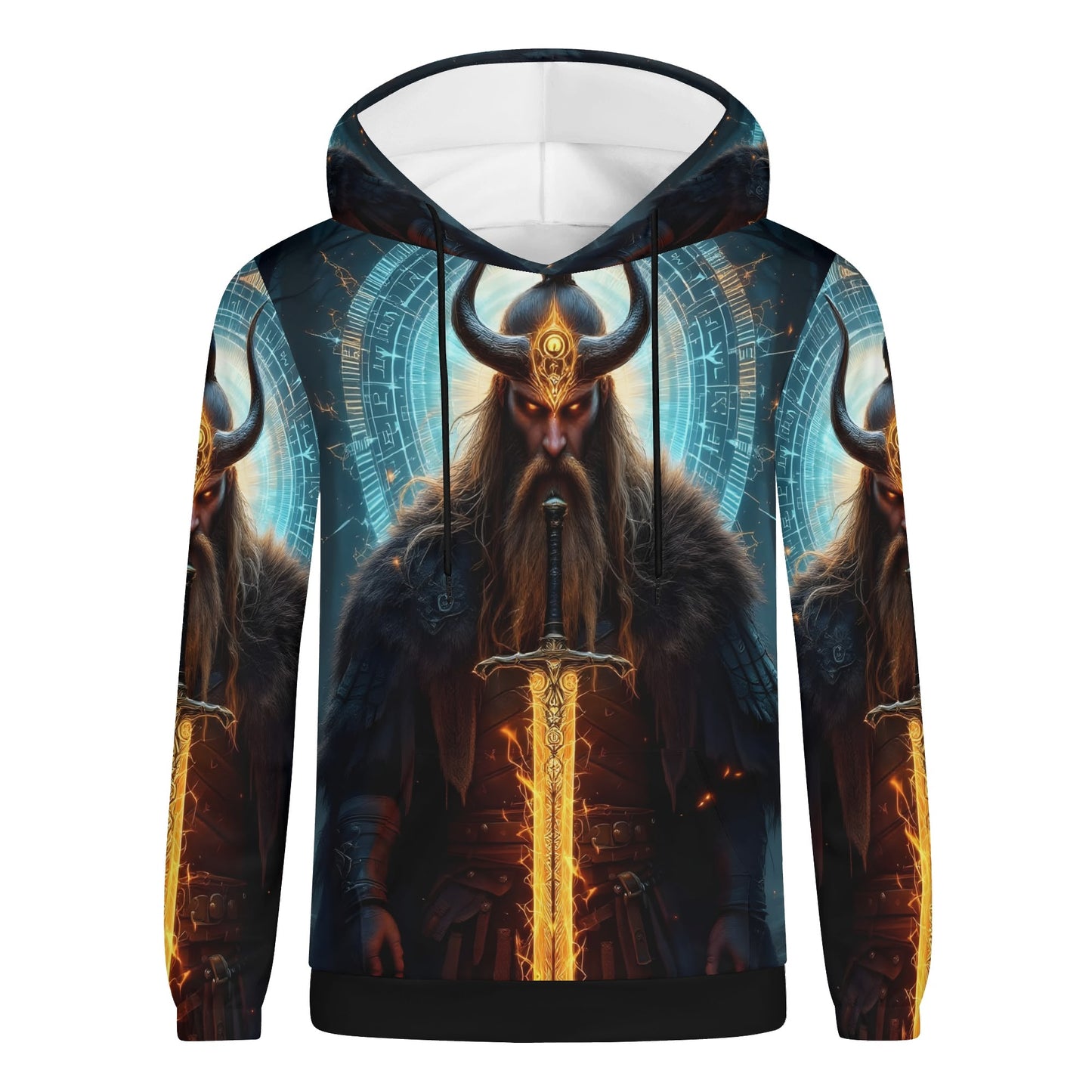 The Vikings Omen Poly French Terry hoodie featuring a fierce Viking warrior with glowing sword design