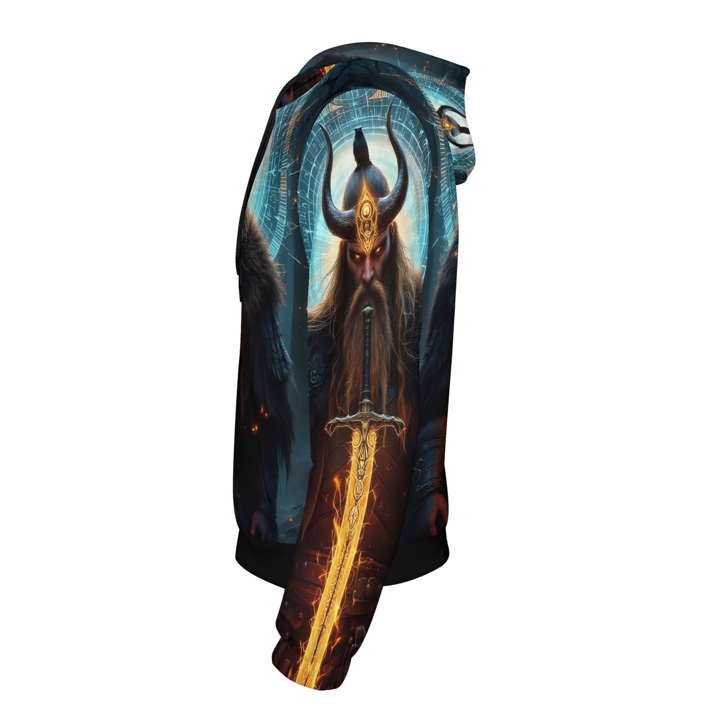 The Vikings Omen Poly French Terry hoodie with detailed Viking warrior design and glowing sword on sleeve