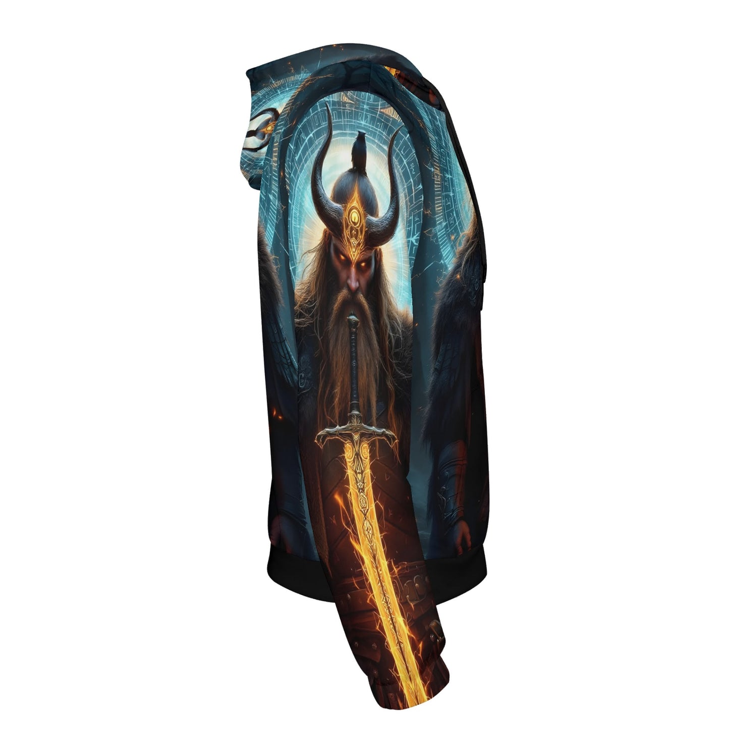 The Vikings Omen Poly French Terry hoodie by Loud and Lethal featuring Viking warrior and glowing sword graphic