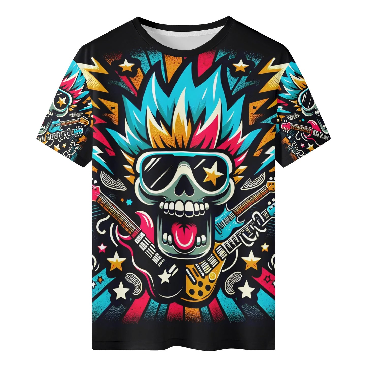 Thunderstruck Organic Cotton Kids T-Shirt with colorful rock skull and electric guitar design