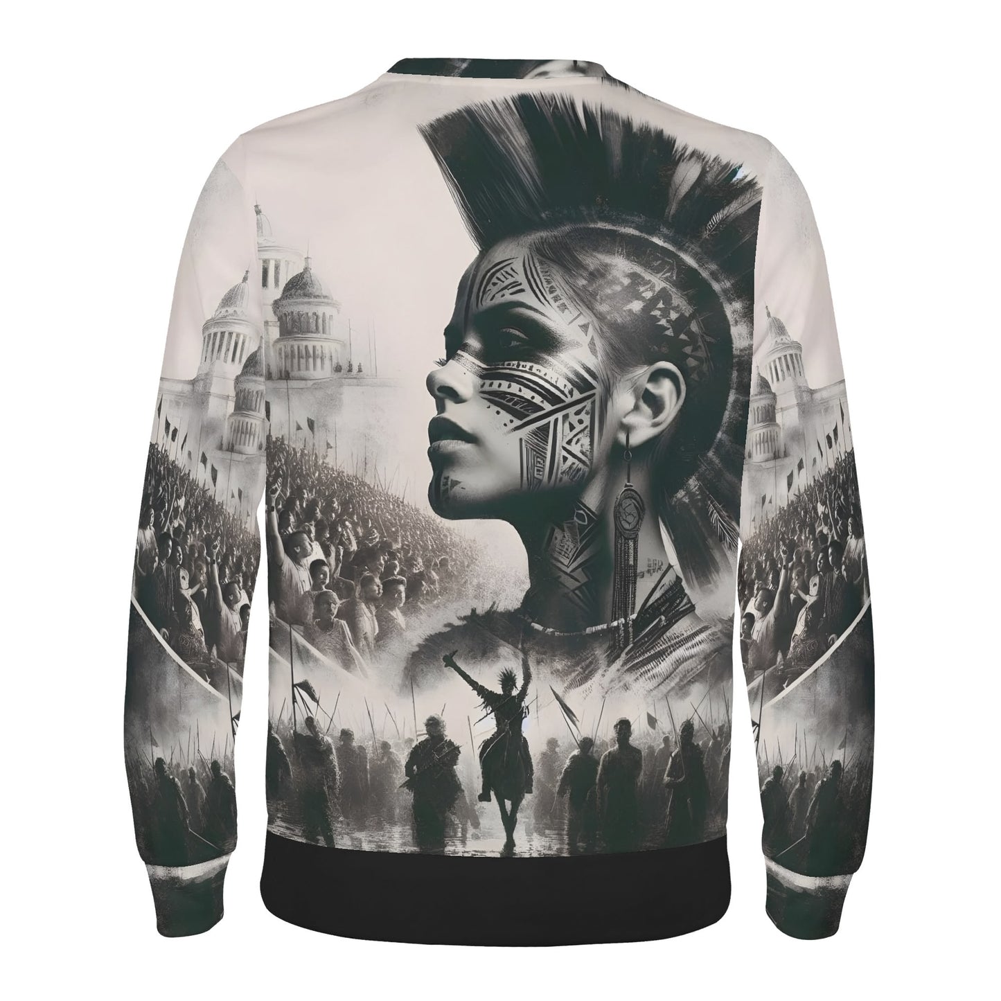 Tribal Uprising Poly French Terry Sweatshirt back view showing warrior woman mohawk and tribal facial tattoos amid battle crowd