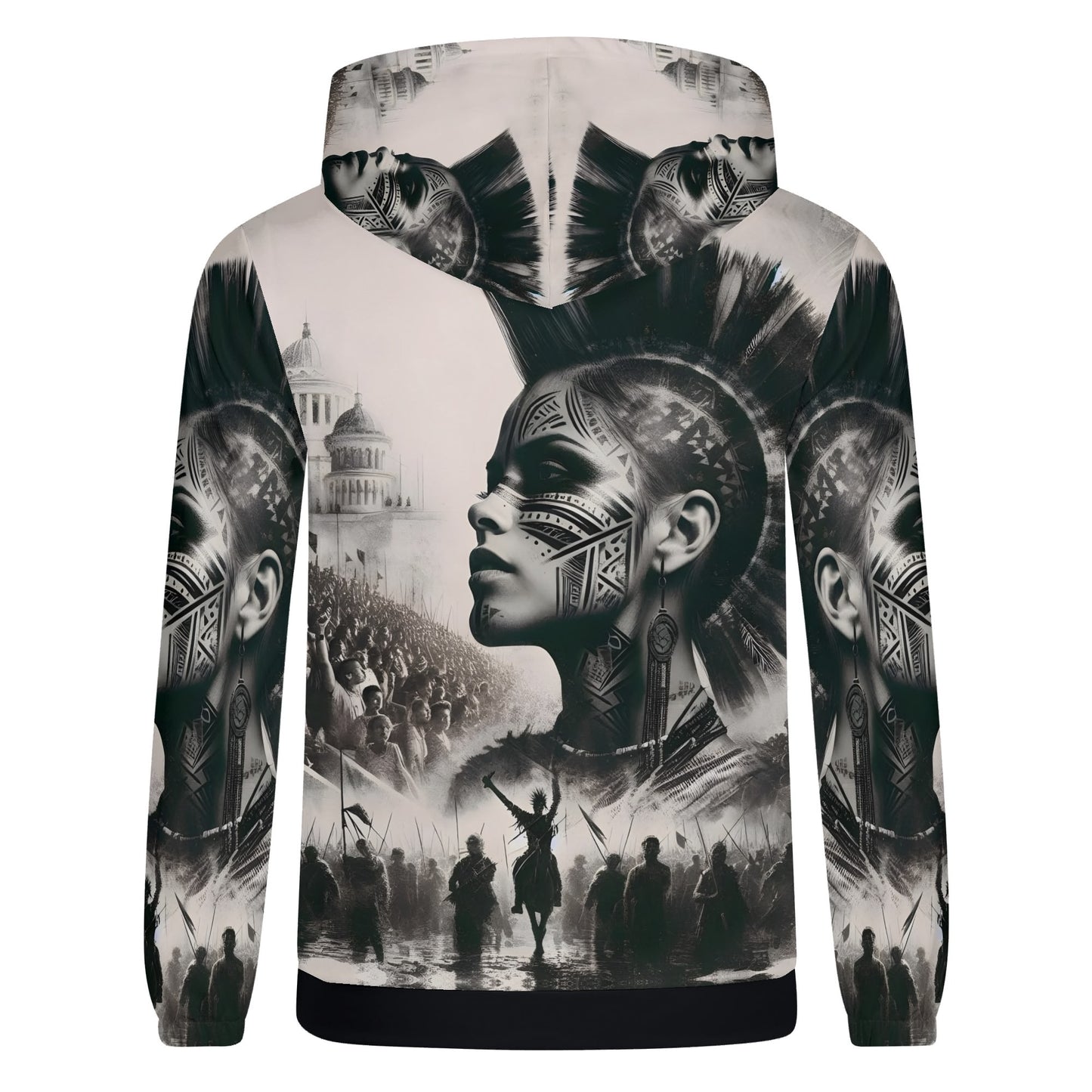 Tribal Uprising Poly French Terry Hoodie by Loud and Lethal featuring detailed black and white tribal face design