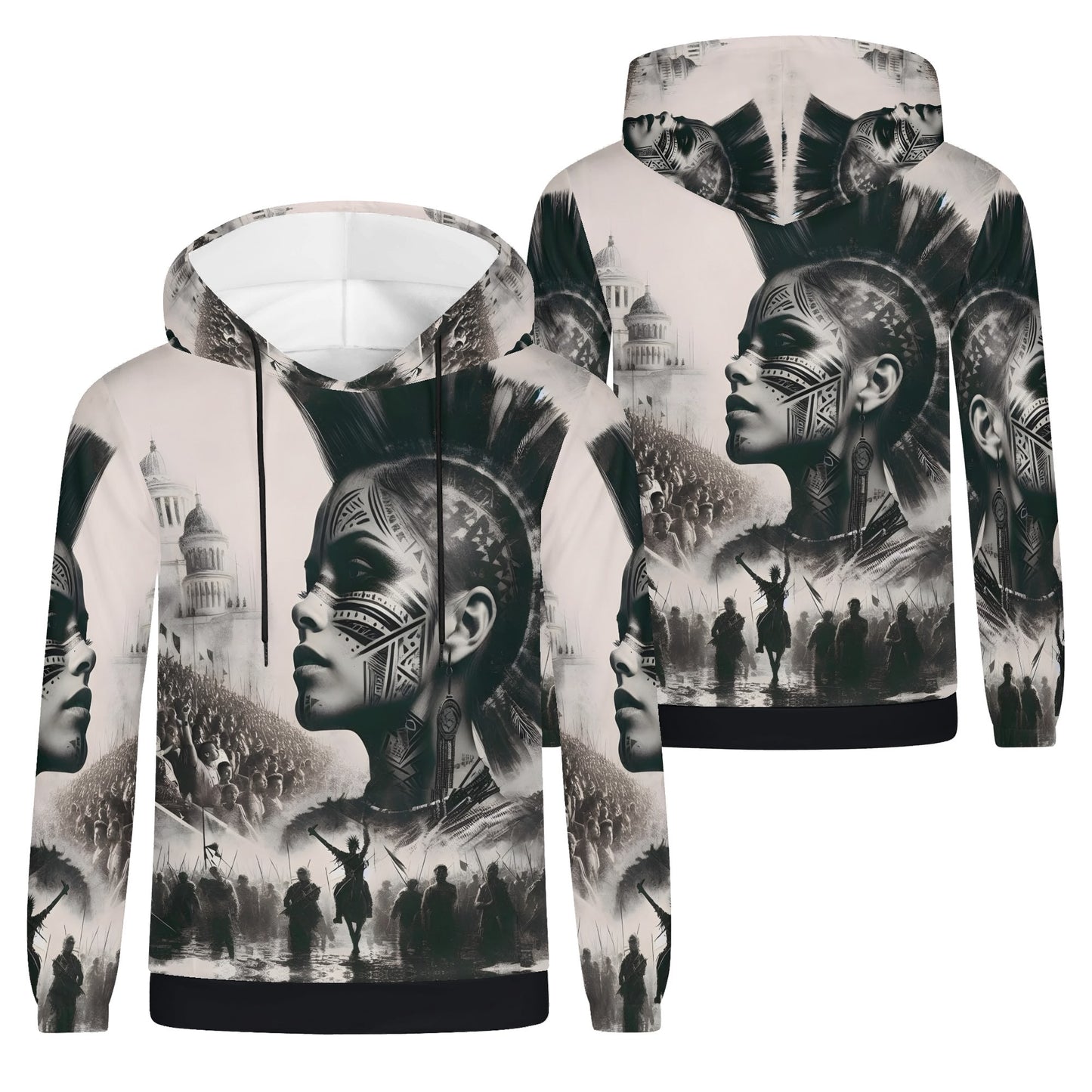 Tribal Uprising Poly French Terry Hoodie featuring bold black and white tribal face art and uprising crowd design