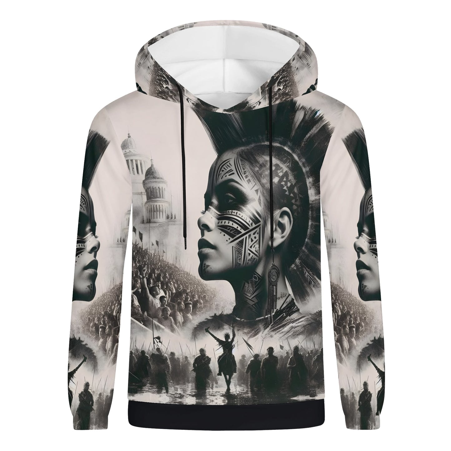 Tribal Uprising Poly French Terry Hoodie by Loud and Lethal with black and white warrior face and crowd design