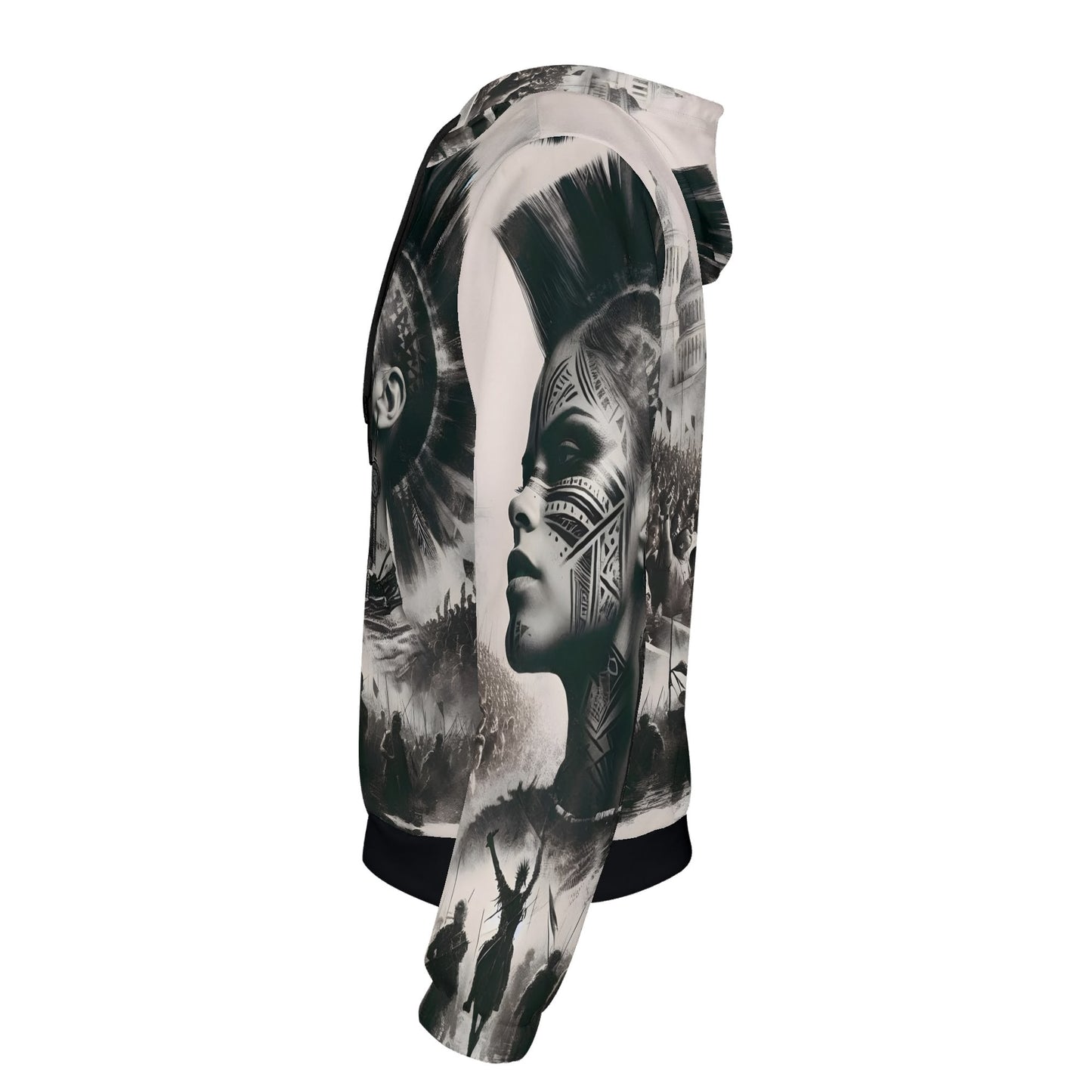 Side view of Loud and Lethal Tribal Uprising Poly French Terry Hoodie with detailed tribal face art and hood