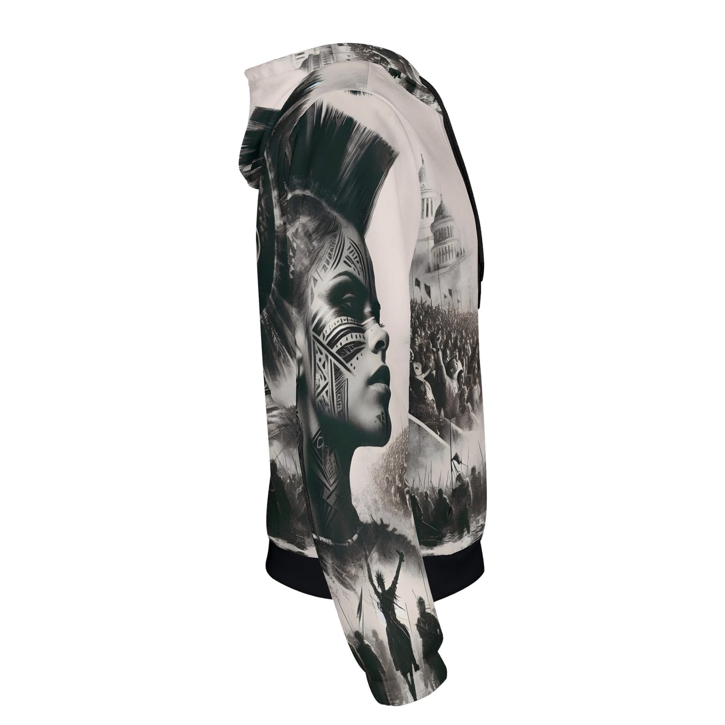 Side view of Loud and Lethal Tribal Uprising Poly French Terry Hoodie with black and white tribal art design