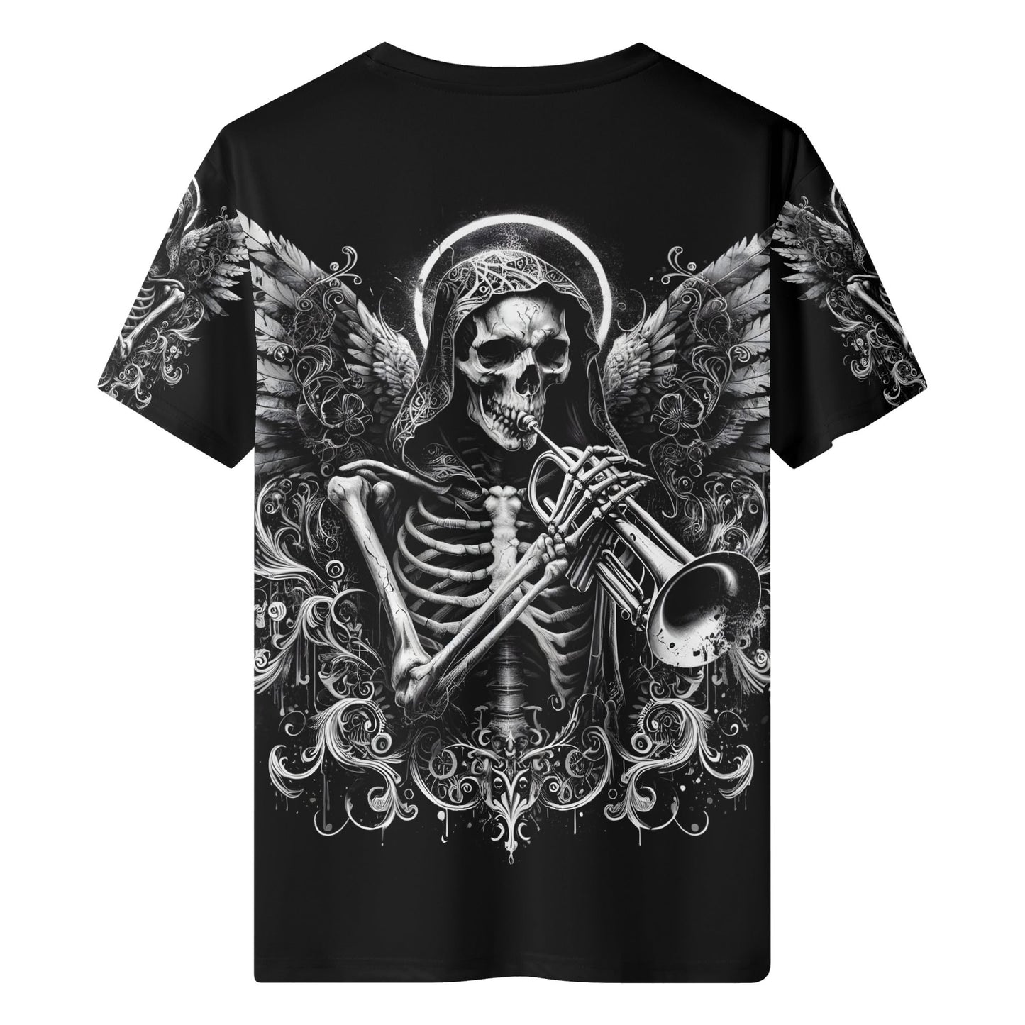 Trumpet of the Dead 100 Cotton T-Shirt with skeleton playing trumpet and detailed angel wings design