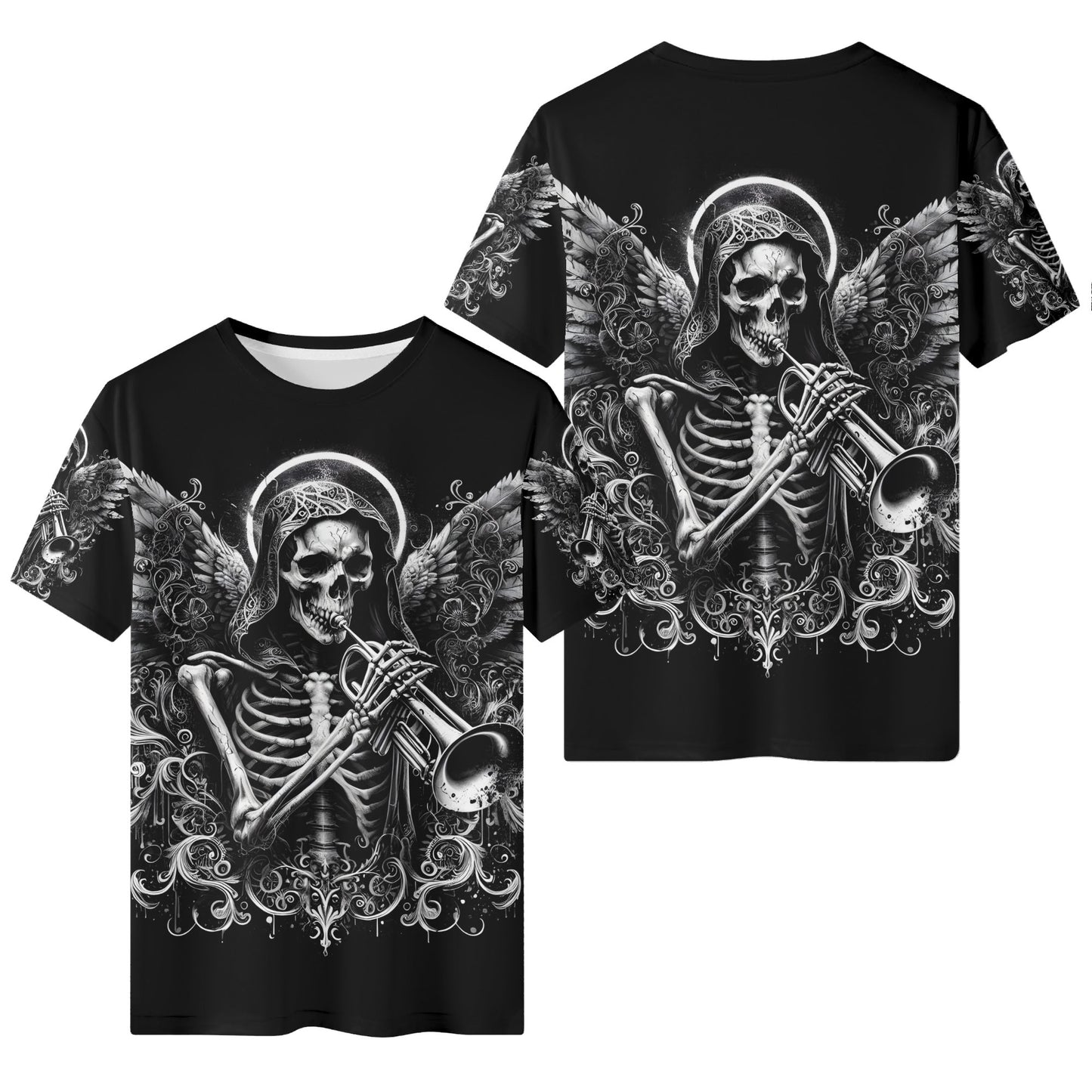 Trumpet of the Dead 100 Cotton T-Shirt featuring skeleton playing trumpet with wings design