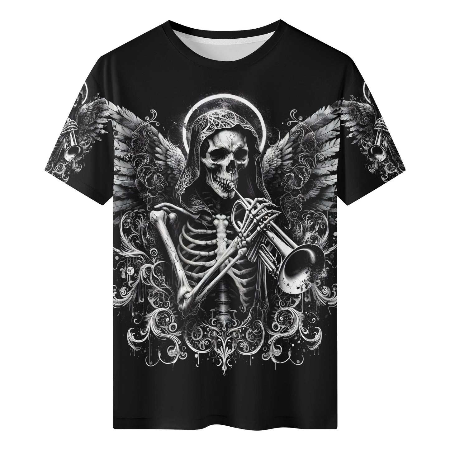 Trumpet of the Dead 100 Cotton T-Shirt featuring skeleton angel playing trumpet design