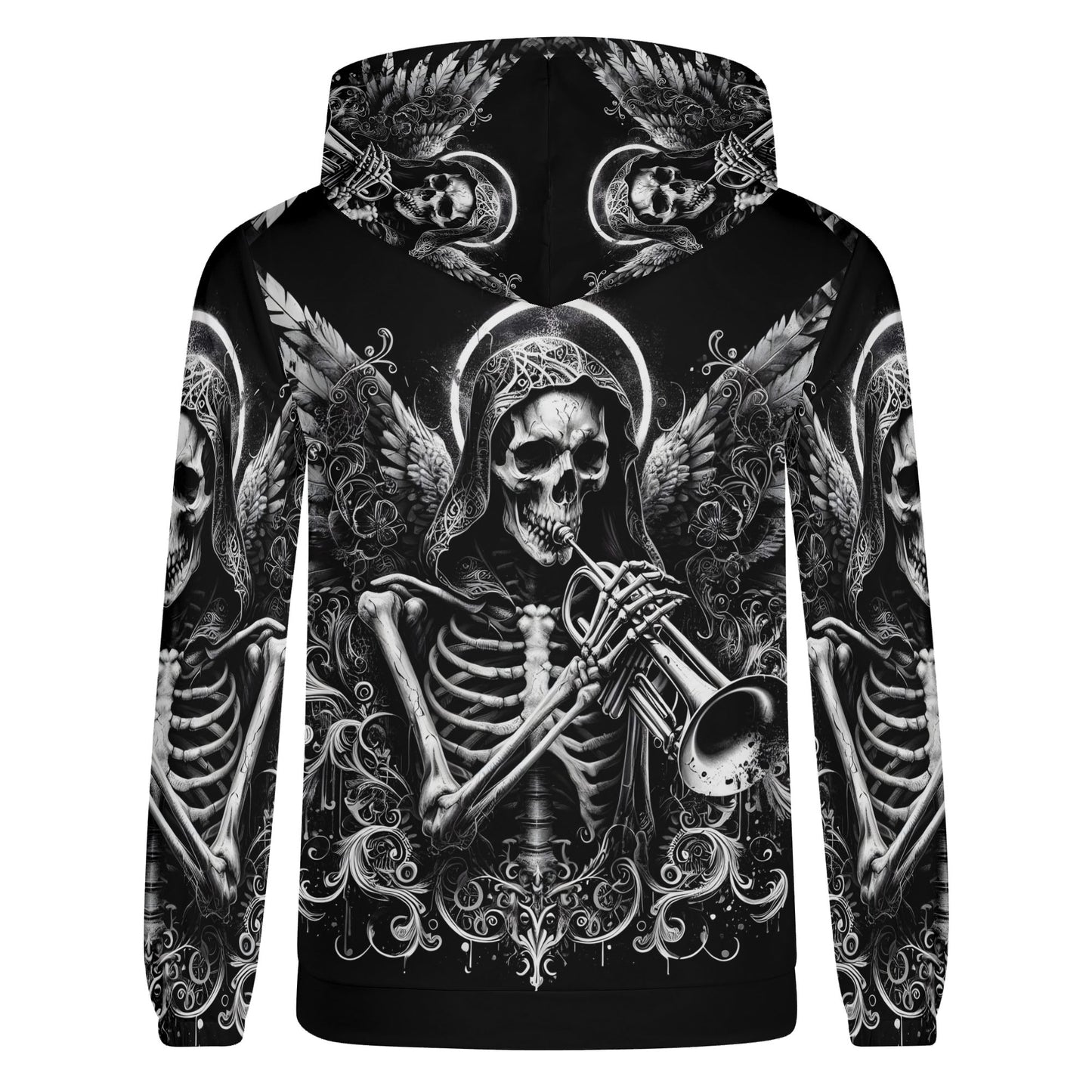 Trumpet of the Dead Poly French Terry hoodie by Loud and Lethal featuring skeleton playing trumpet graphic