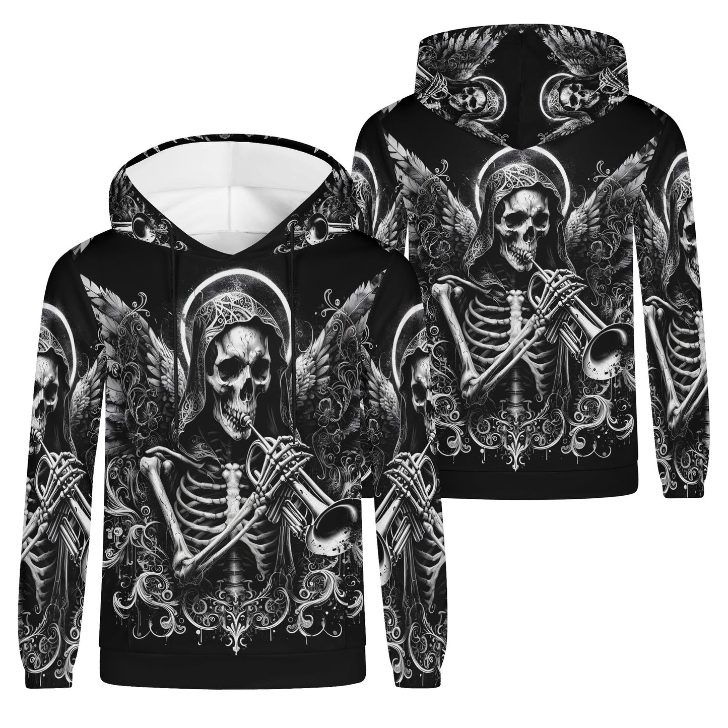 Trumpet of the Dead Poly French Terry hoodie with detailed skeleton playing trumpet design in black and white