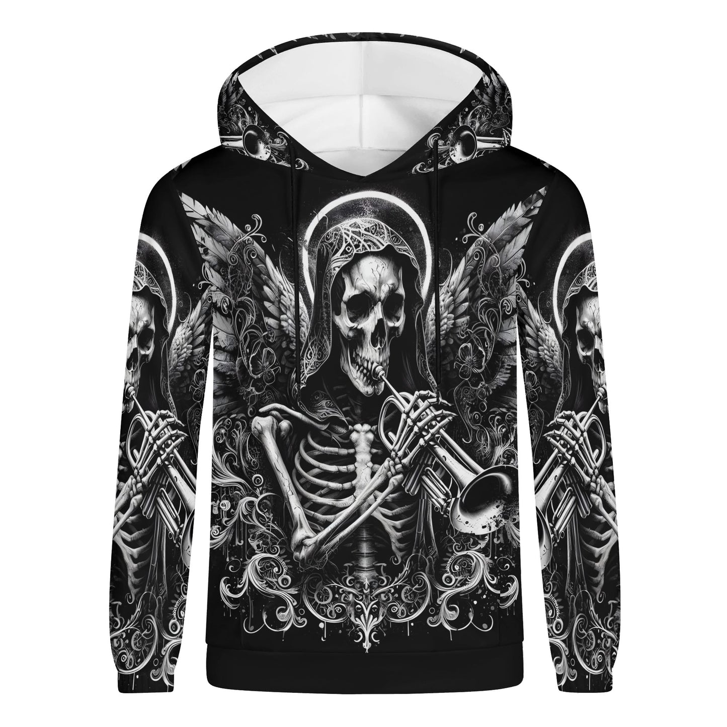 Trumpet of the Dead Poly French Terry hoodie featuring a skeleton playing trumpet with detailed wings design