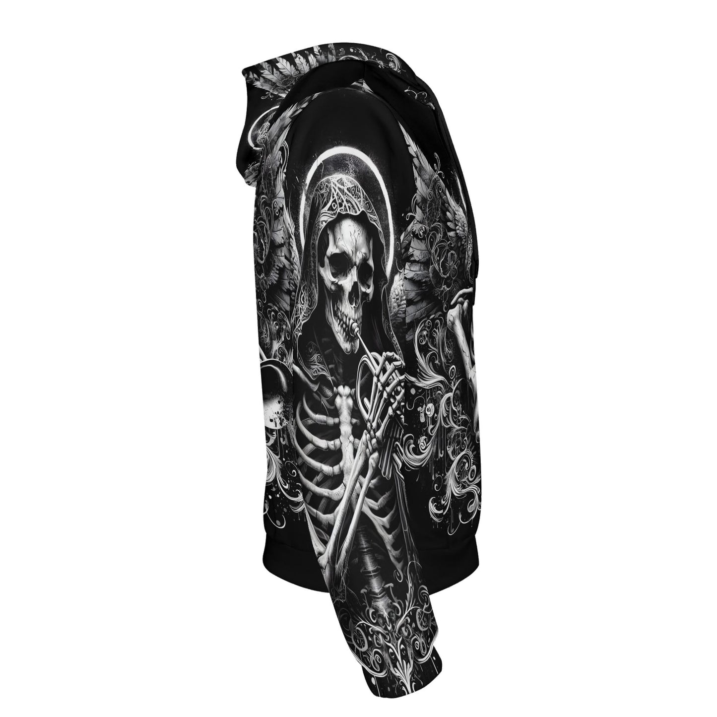 Trumpet of the Dead Poly French Terry hoodie by Loud and Lethal featuring detailed black and white skeleton design