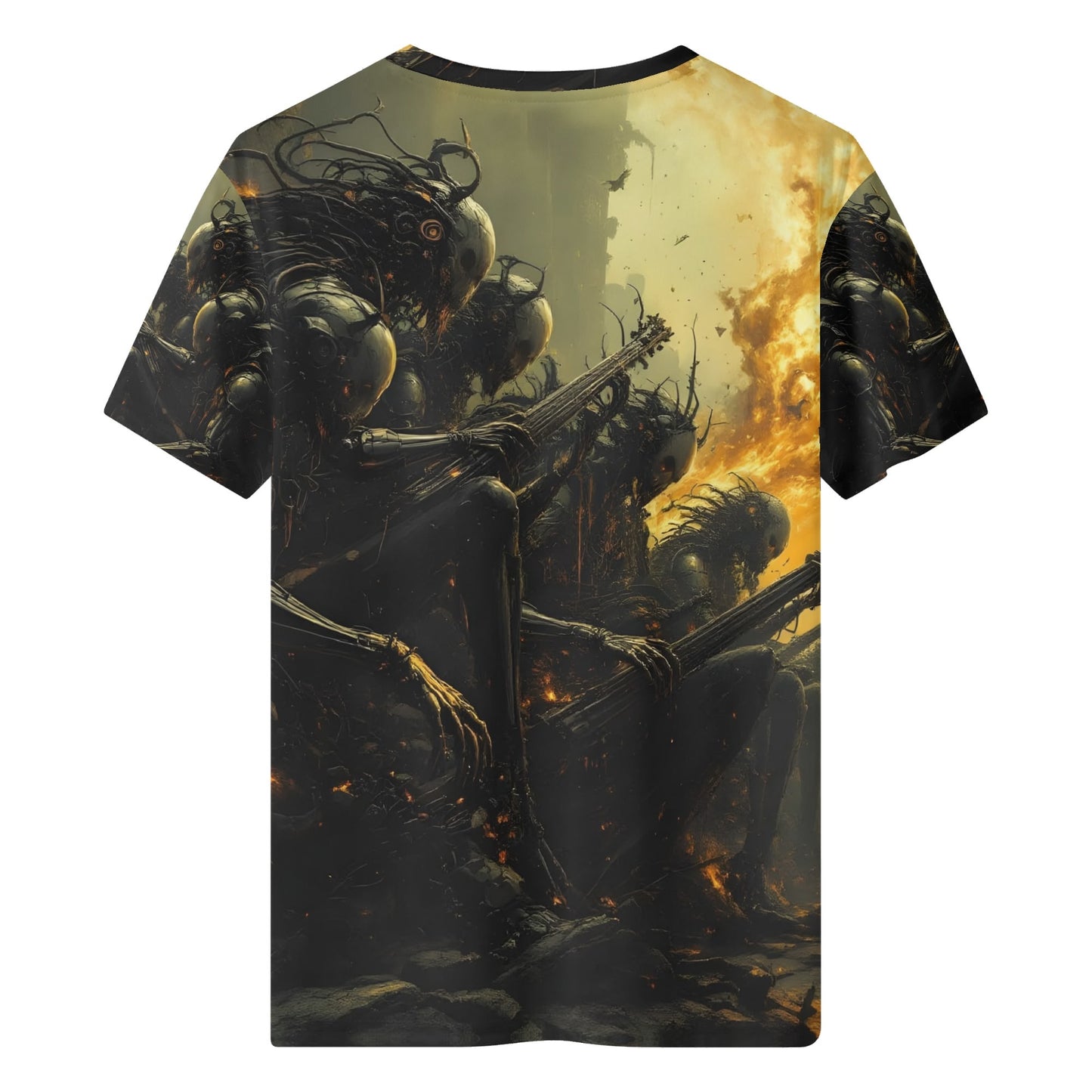 Twisted Souls of Chaos 100 Cotton T-Shirt featuring dark surreal robotic musicians in a fiery background
