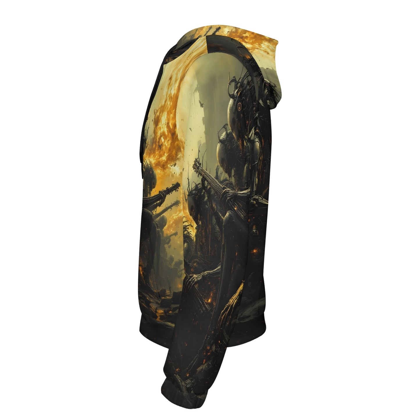 Side view of Loud and Lethal Twisted Souls of Chaos Cotton Terry Hoodie with dark robotic and fiery design