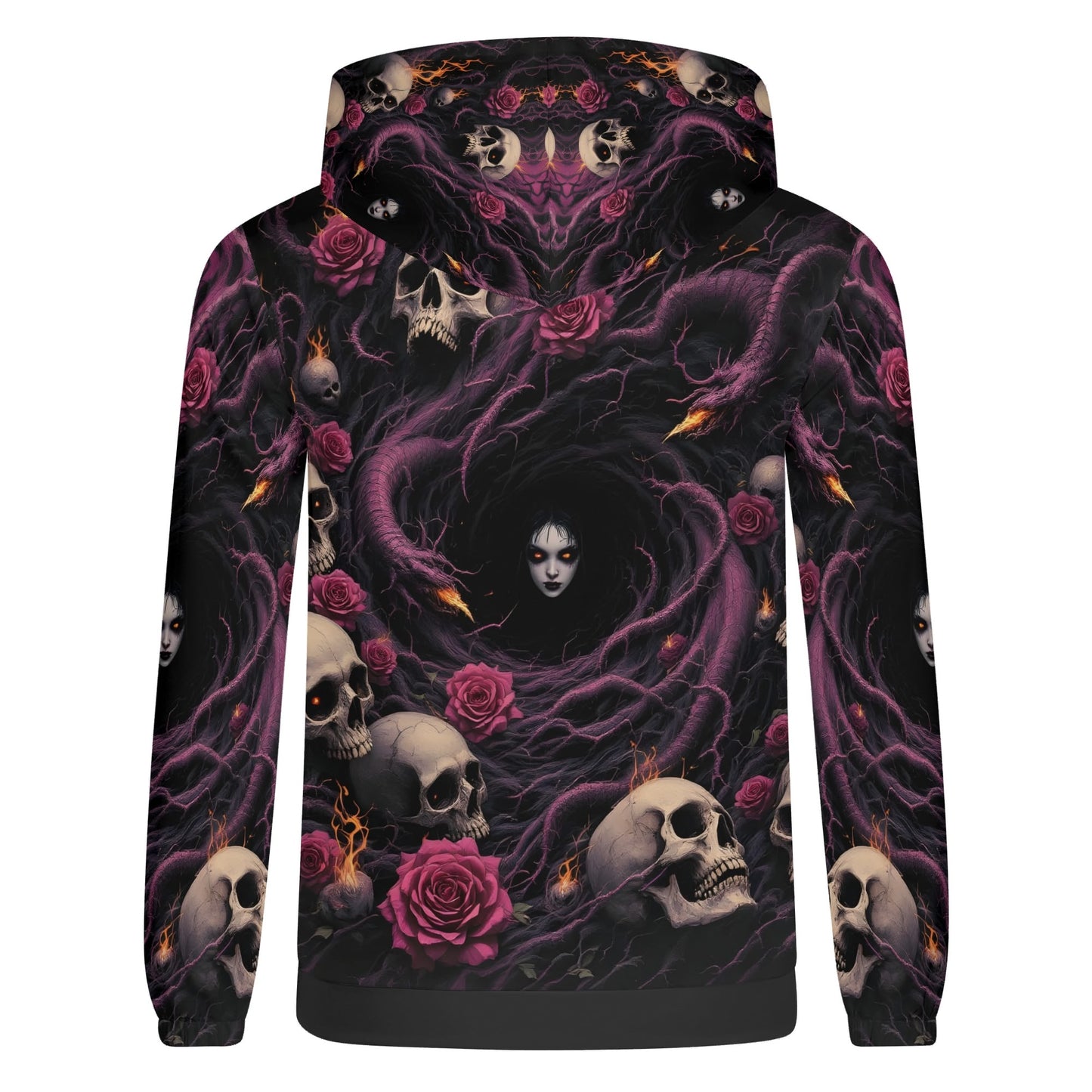 The Unraveling Shadows Cotton Terry hoodie with dark skulls, pink roses, and eerie face design