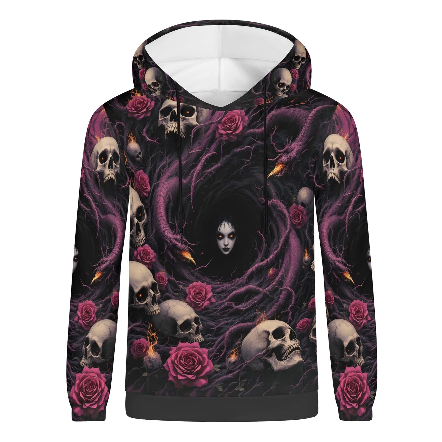 The Unraveling Shadows Cotton Terry hoodie by Loud and Lethal with skulls and roses design on black background