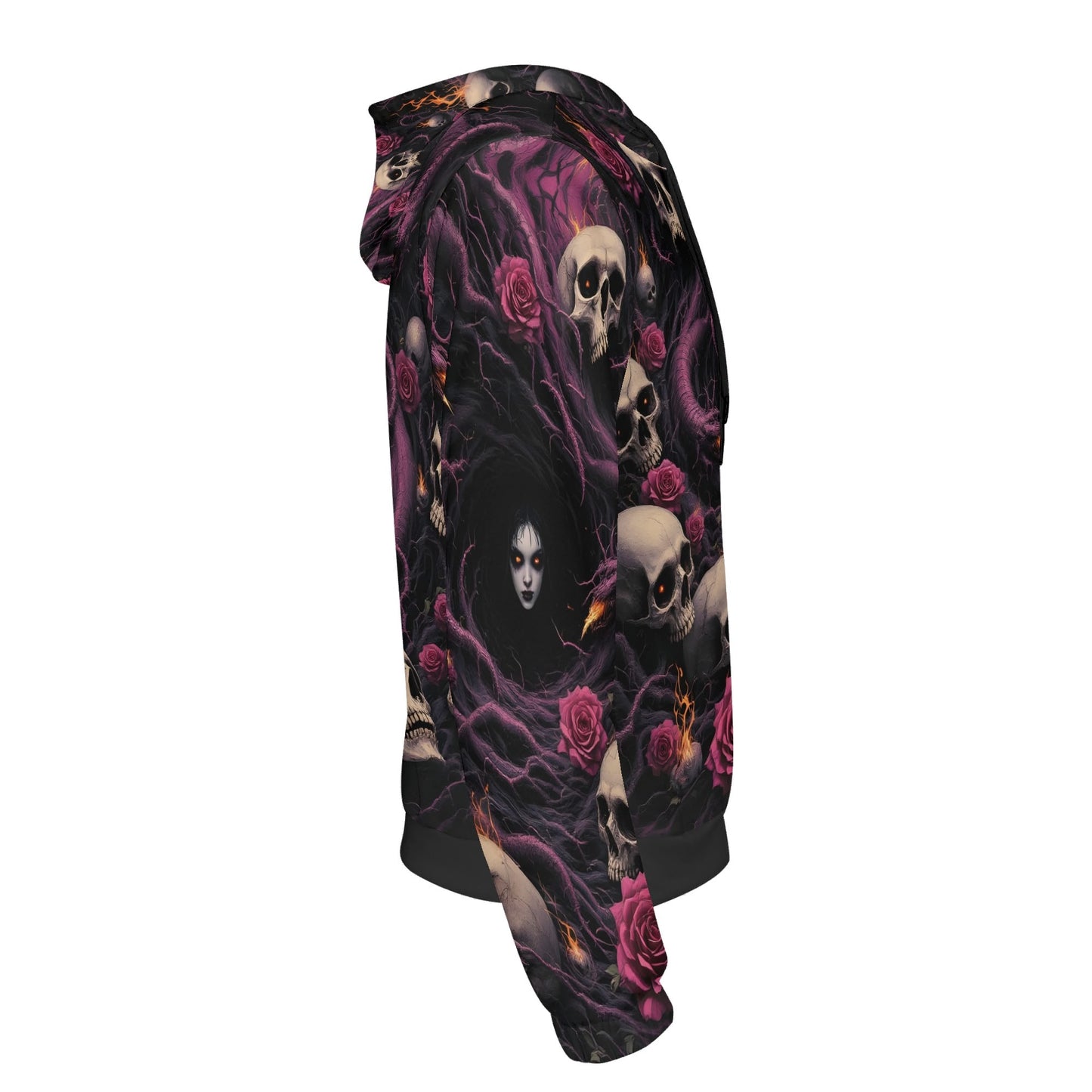 Loud and Lethal The Unraveling Shadows Cotton Terry hoodie unisex with skulls and dark rose design