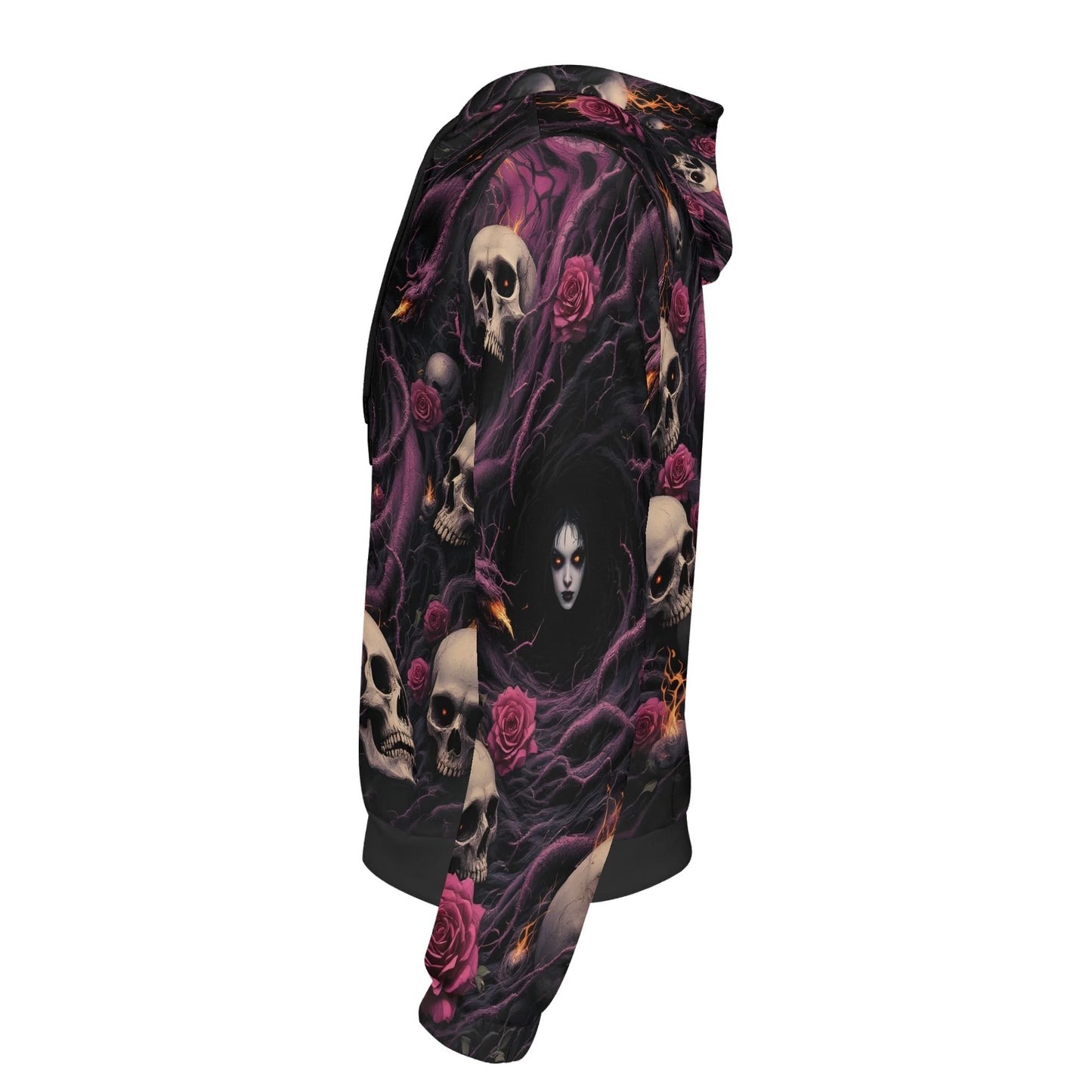 The Unraveling Shadows Cotton Terry hoodie by Loud and Lethal with skulls and dark purple roses design