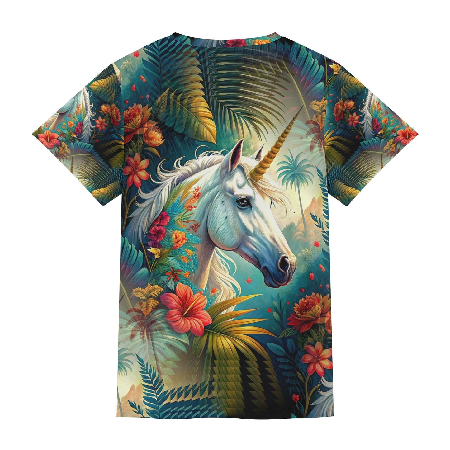 Unicorn Oasis Organic Cotton Kids T-Shirt by Loud and Lethal featuring a colorful unicorn and tropical floral design