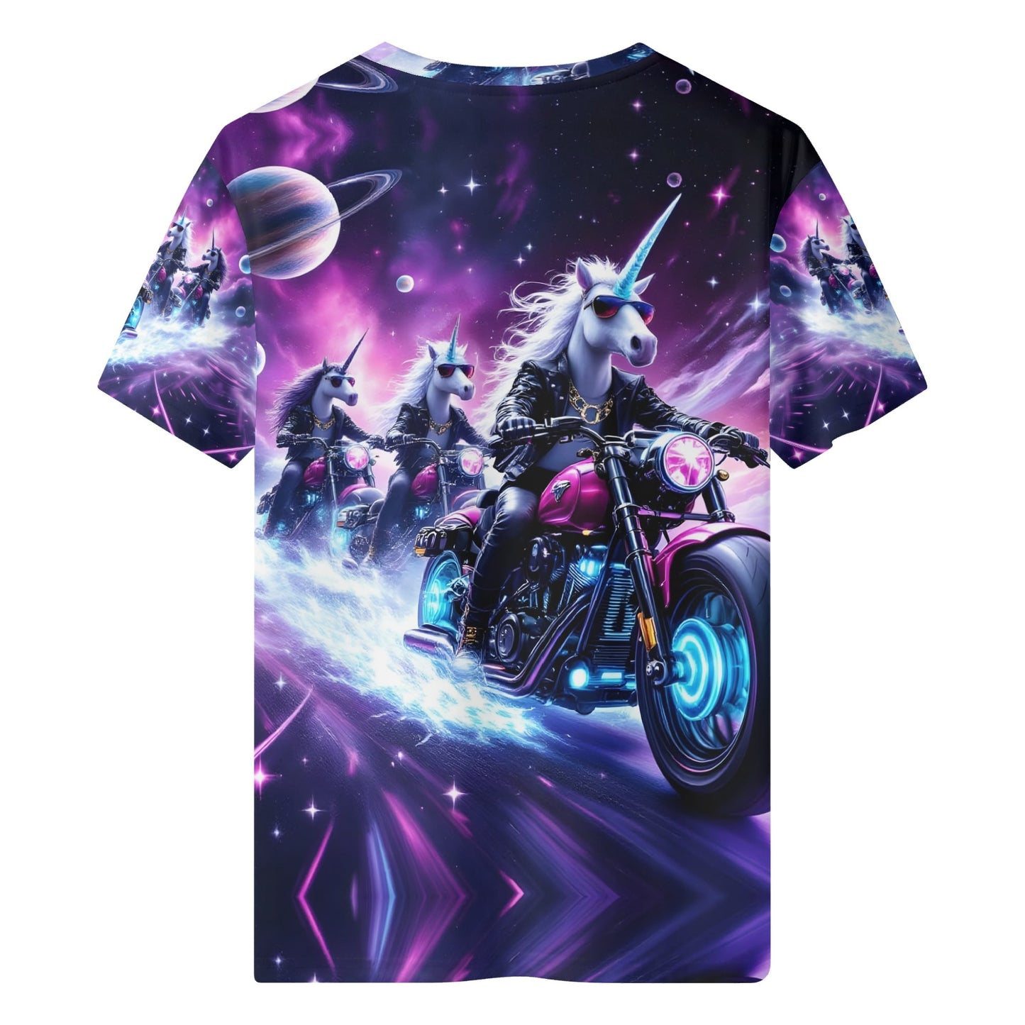 Unicorn Riders Organic Cotton Kids T-Shirt featuring unicorns riding motorcycles in a cosmic space scene
