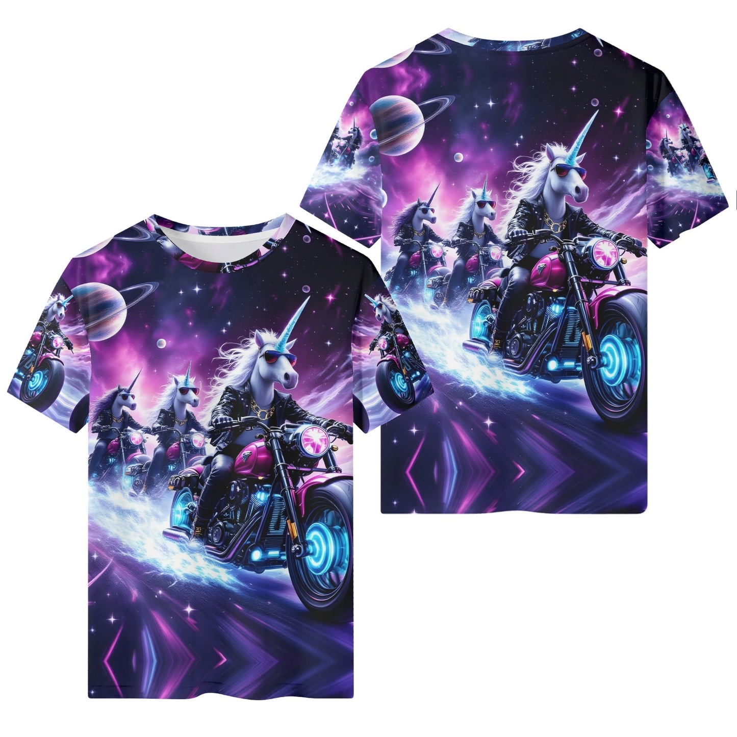Unicorn Riders Organic Cotton Kids T-Shirt with vibrant space and motorcycle design by Loud and Lethal