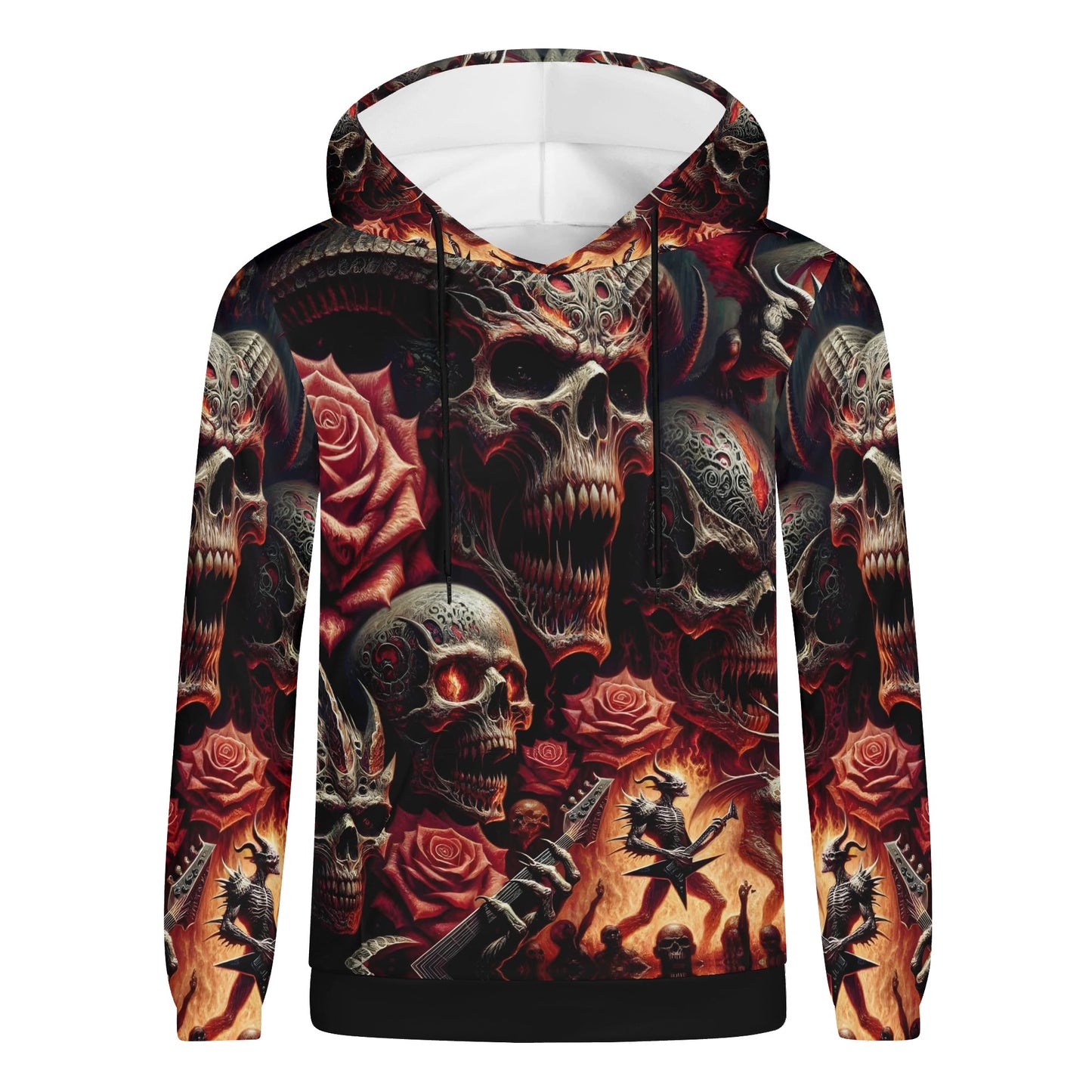 Loud and Lethal Unleashed Rebellion Poly French Terry hoodie with skulls, roses, and guitar design