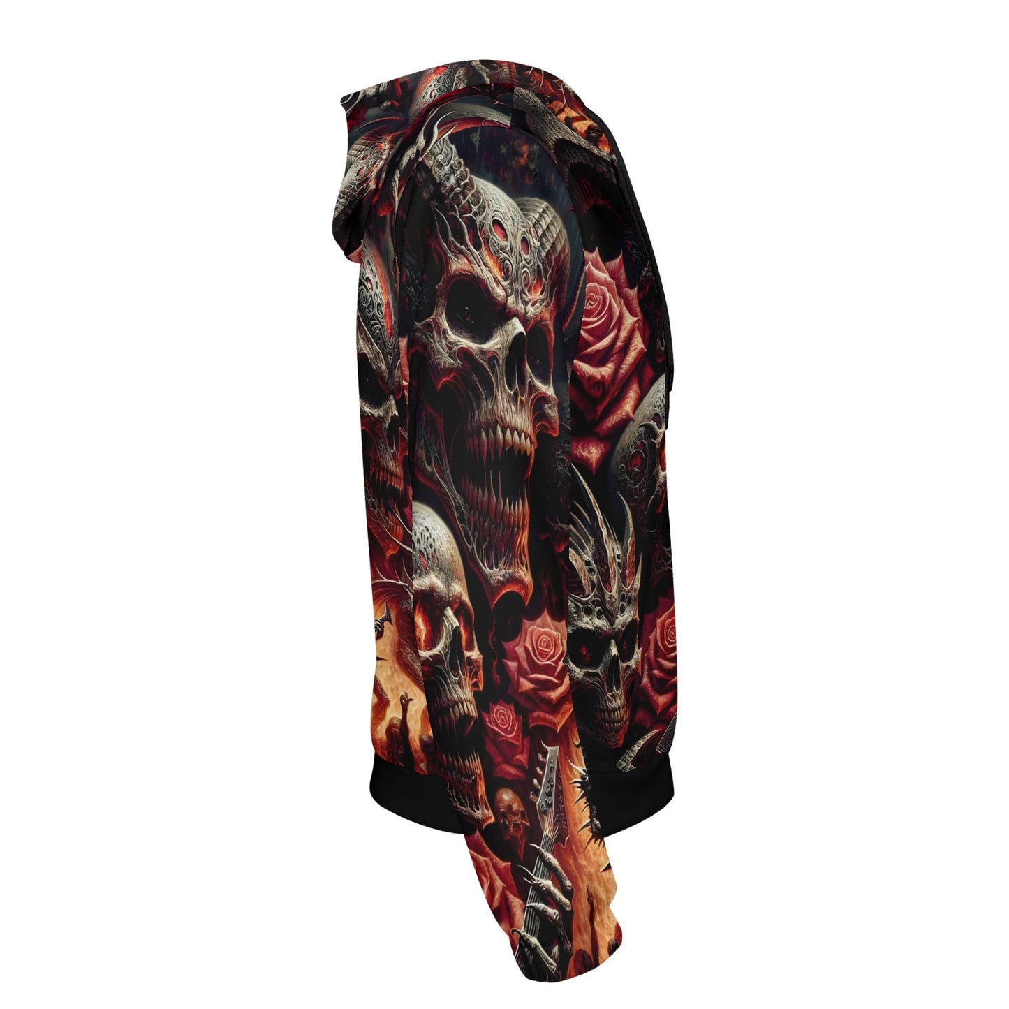 Loud and Lethal Unleashed Rebellion Poly French Terry hoodie with dark skull and rose design on black background