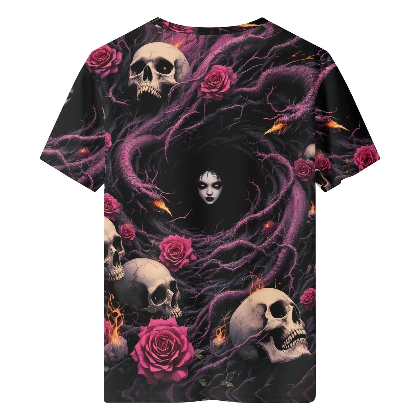 Unraveling Shadows Lycra T-Shirt with gothic skulls, roses, and dark swirling vines design